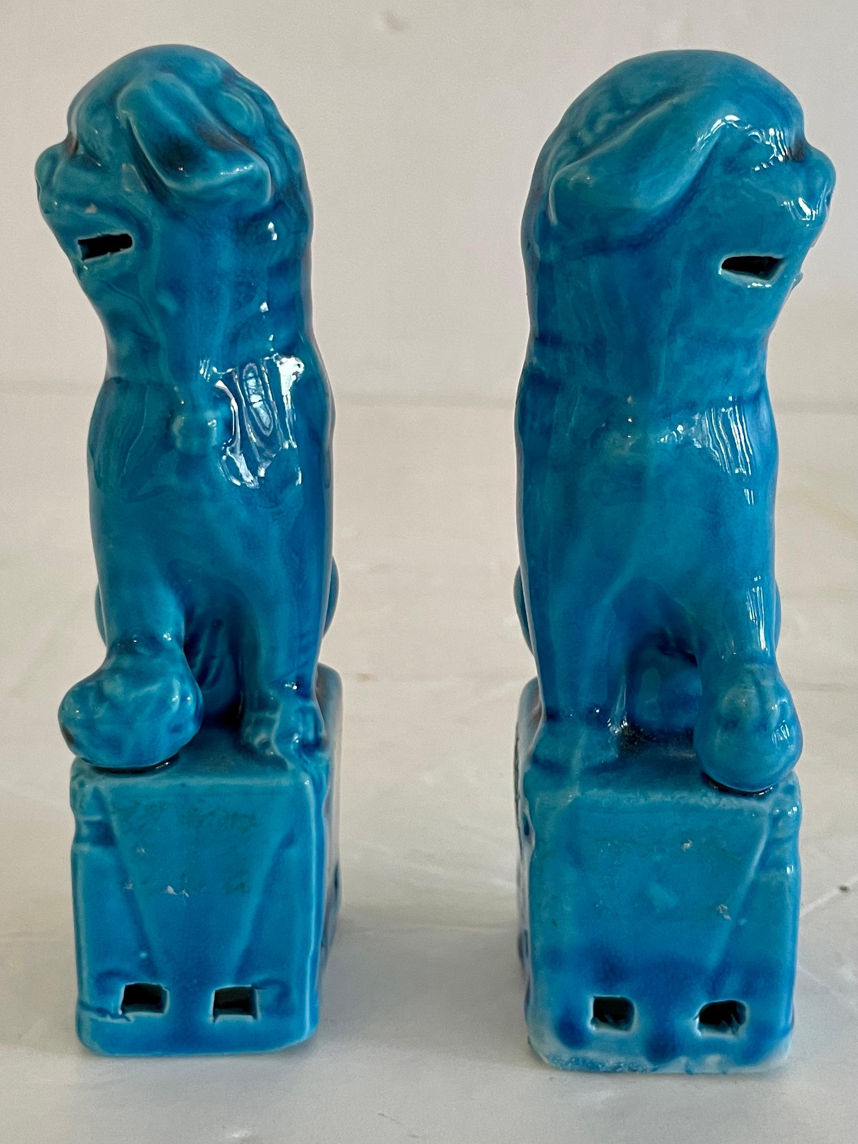 Chinoiserie Small Ceramic Asian Turquoise Foo Dogs, a Pair For Sale