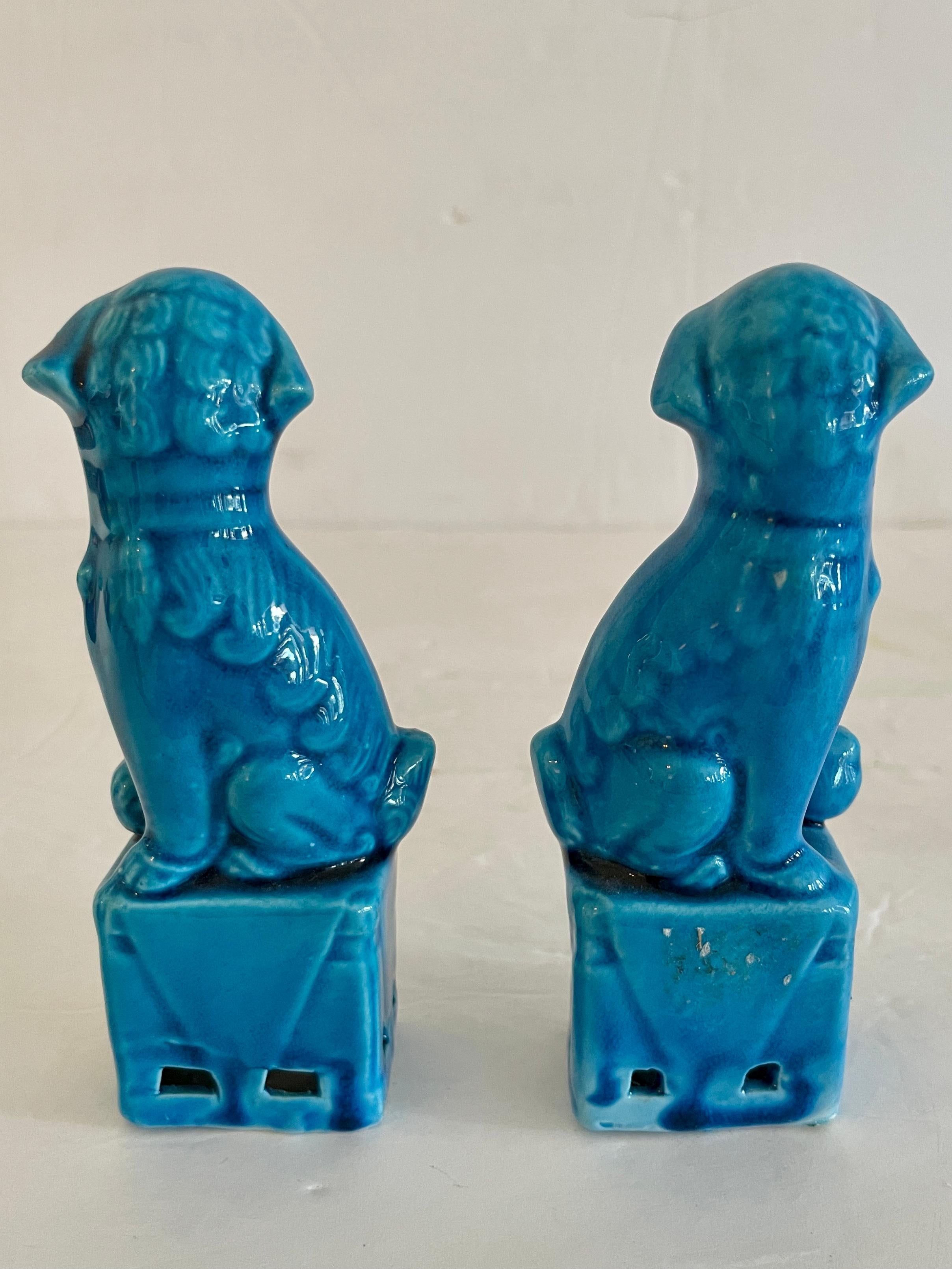 Chinese Small Ceramic Asian Turquoise Foo Dogs, a Pair For Sale