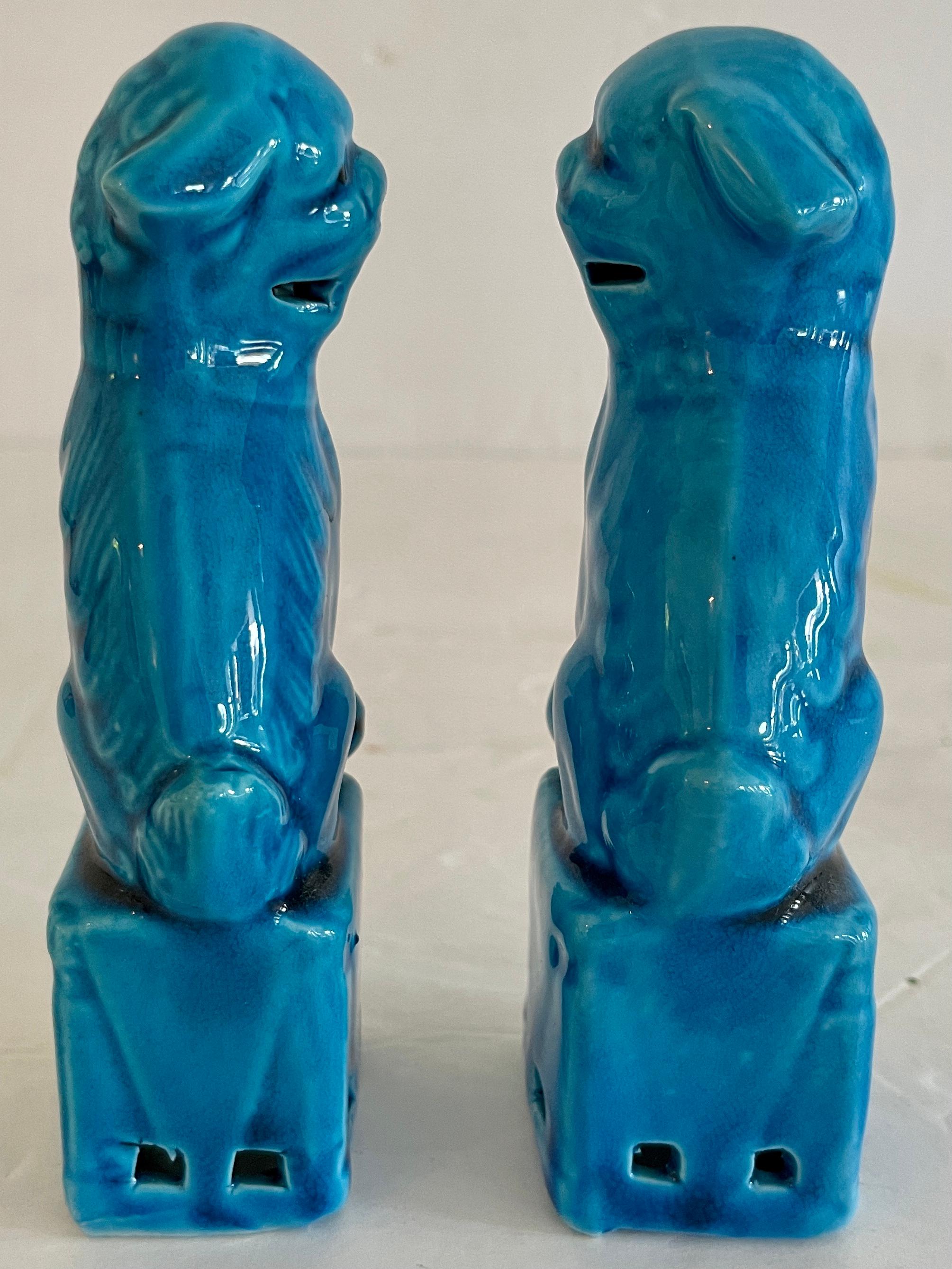 Small Ceramic Asian Turquoise Foo Dogs, a Pair In Good Condition For Sale In Los Angeles, CA