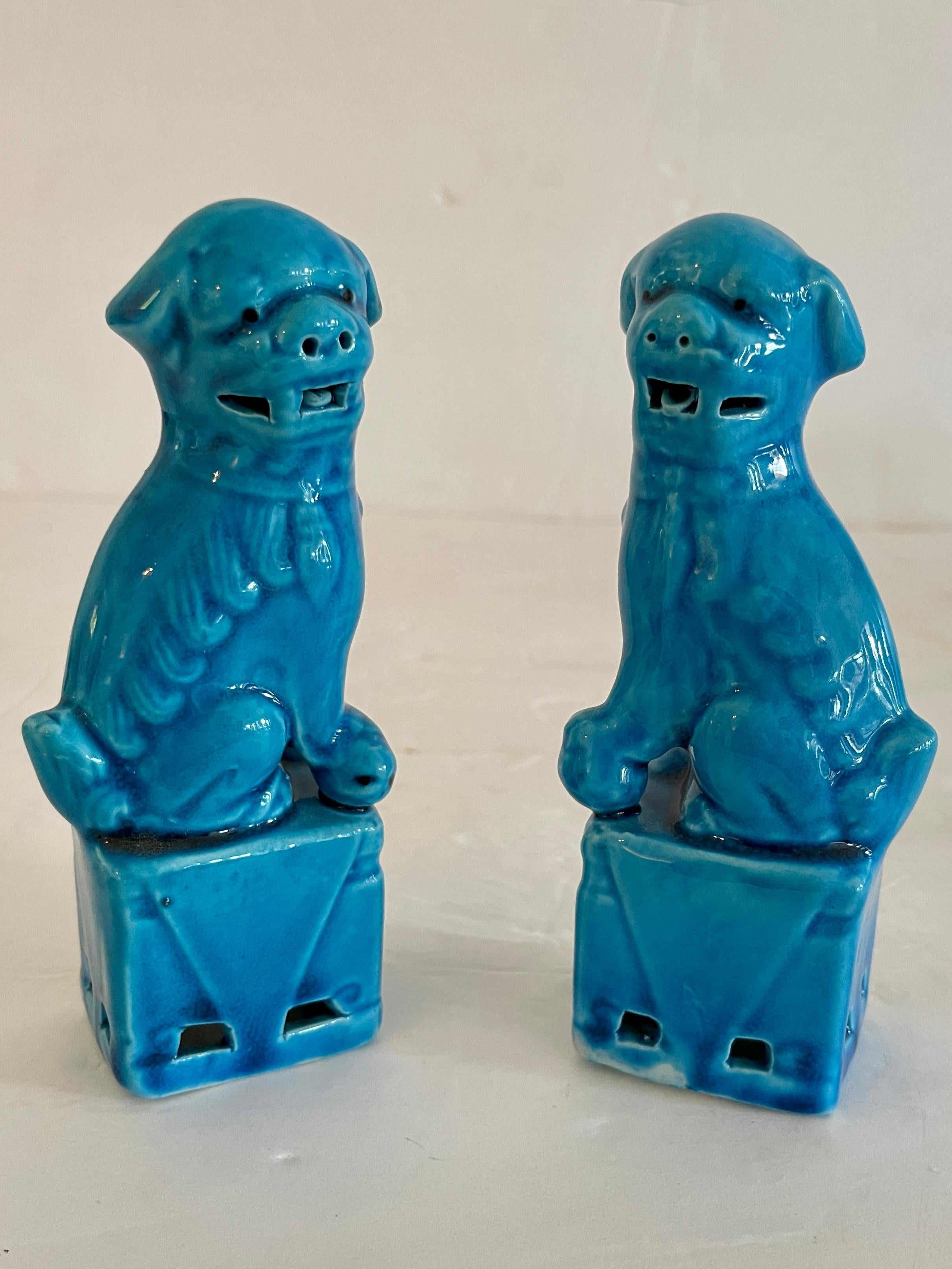 Mid-20th Century Small Ceramic Asian Turquoise Foo Dogs, a Pair For Sale