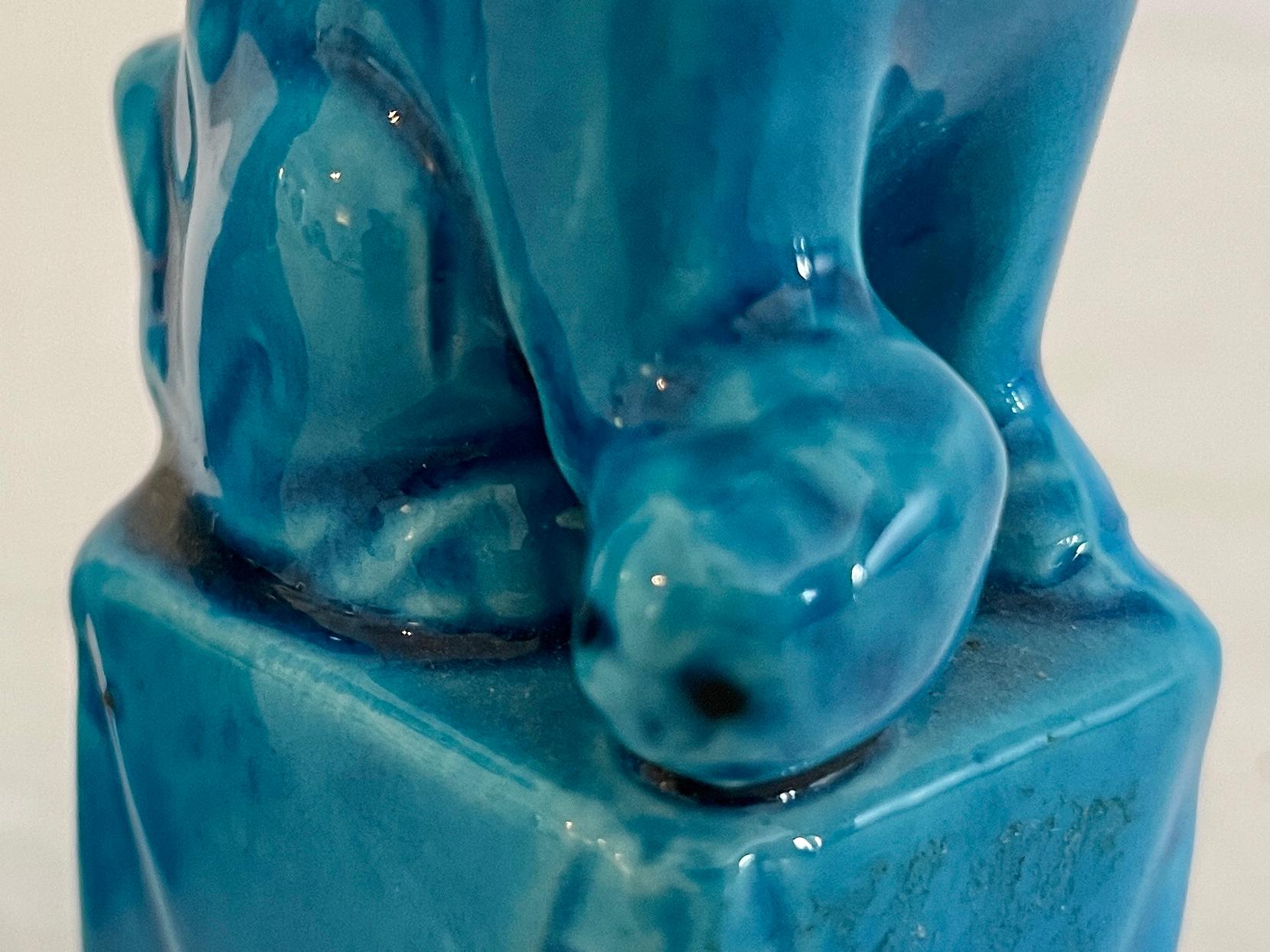 Small Ceramic Asian Turquoise Foo Dogs, a Pair For Sale 3