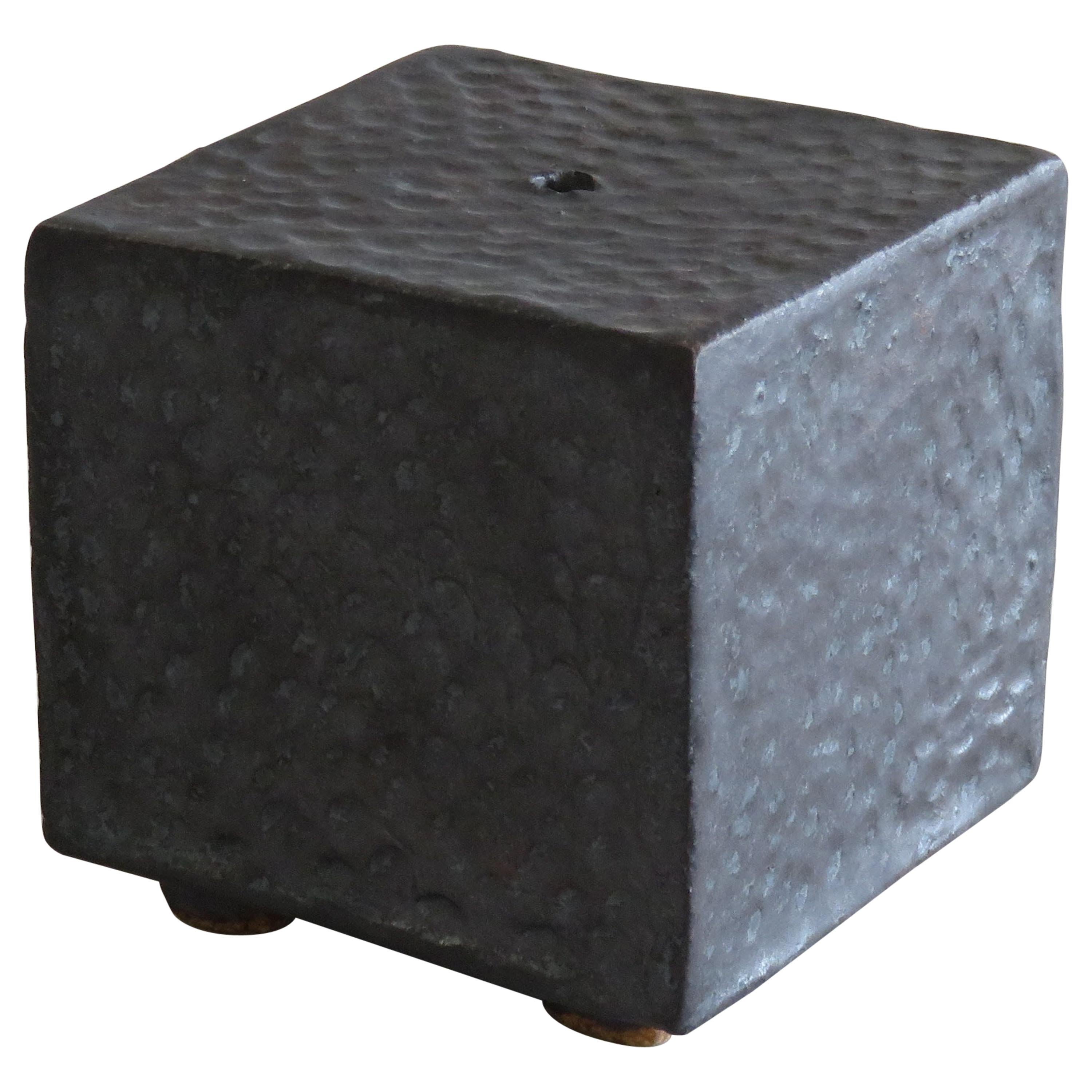 Small Ceramic Contemplation Cube, Mottled Surface in Metallic Black-Brown Glaze