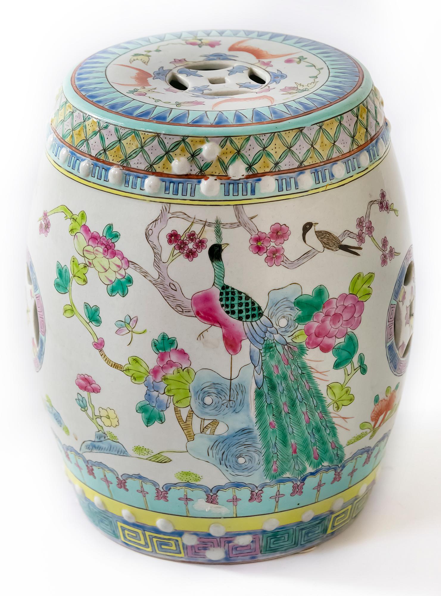 Small Chinese ceramic garden stool hand painted with birds and floral motives.

 
