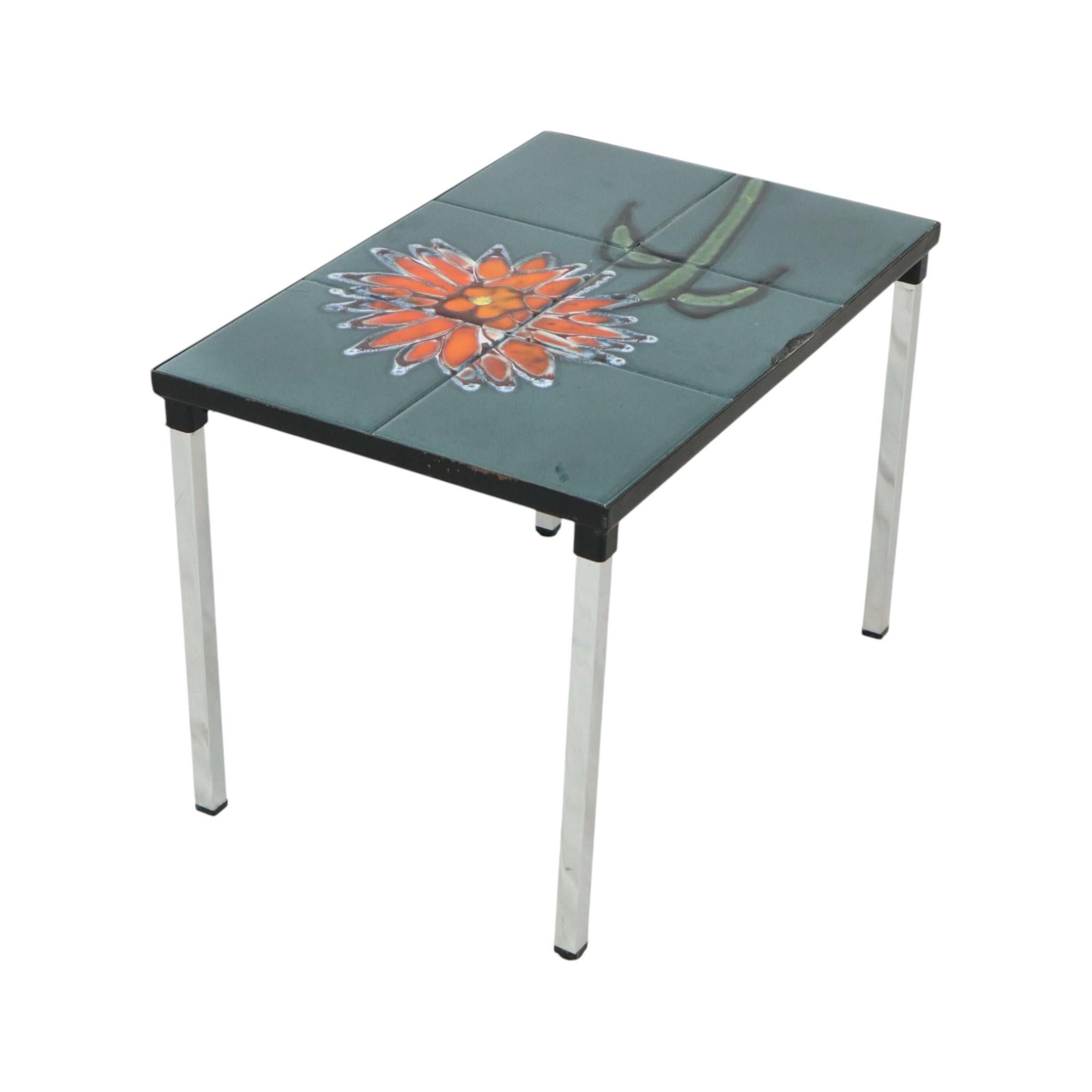 Small Ceramic Tile Table Chrome Adri Belarti Orange Flower 47cm 3