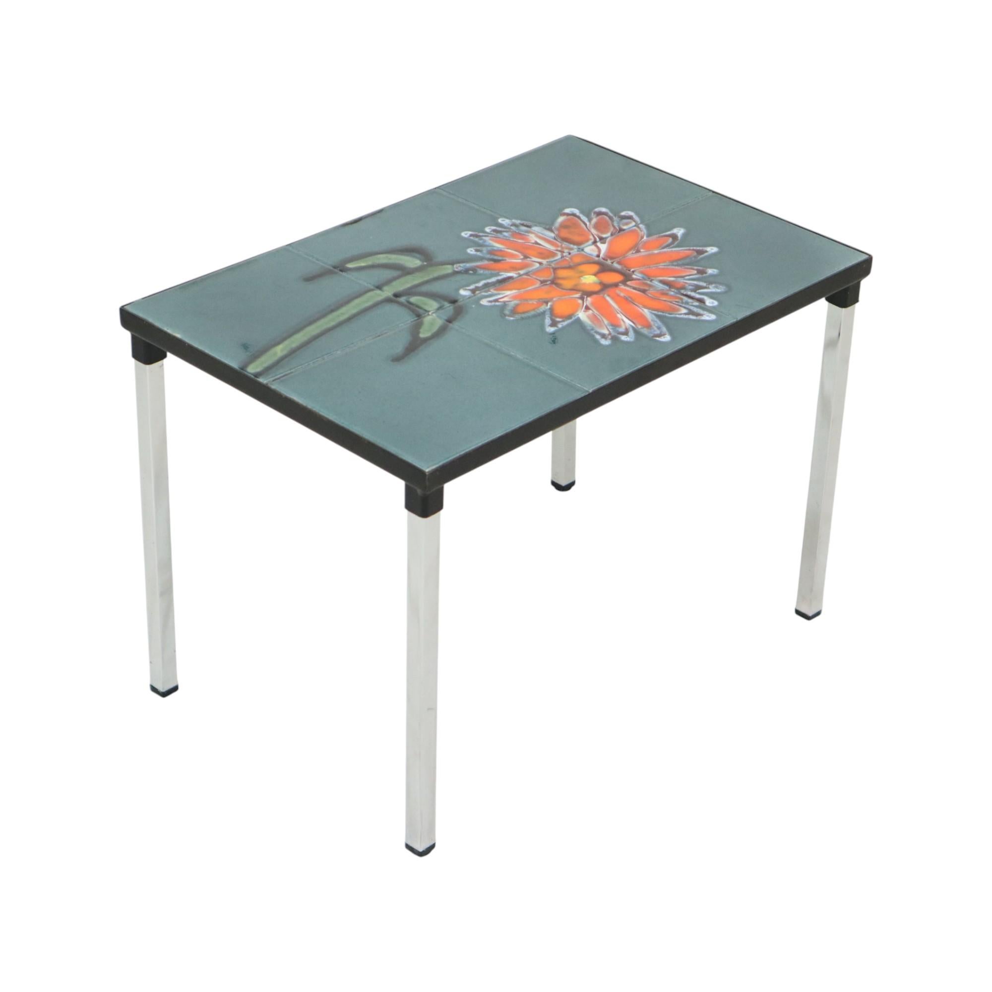 Space Age Small Ceramic Tile Table Chrome Adri Belarti Orange Flower 47cm