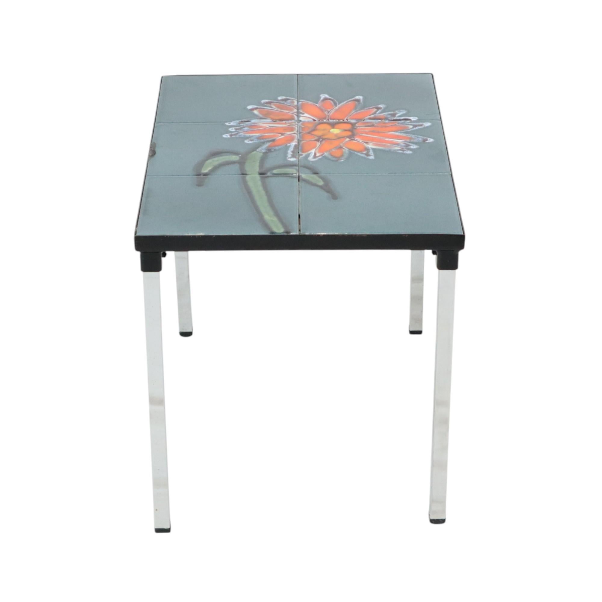 Belgian Small Ceramic Tile Table Chrome Adri Belarti Orange Flower 47cm