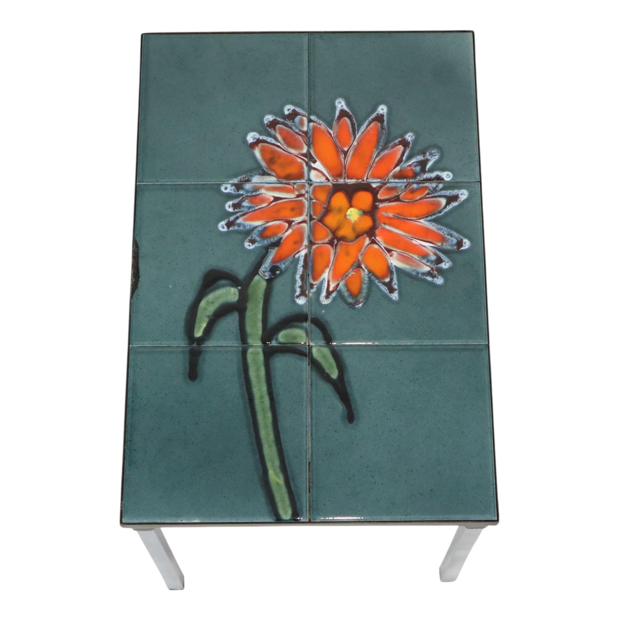 Glazed Small Ceramic Tile Table Chrome Adri Belarti Orange Flower 47cm