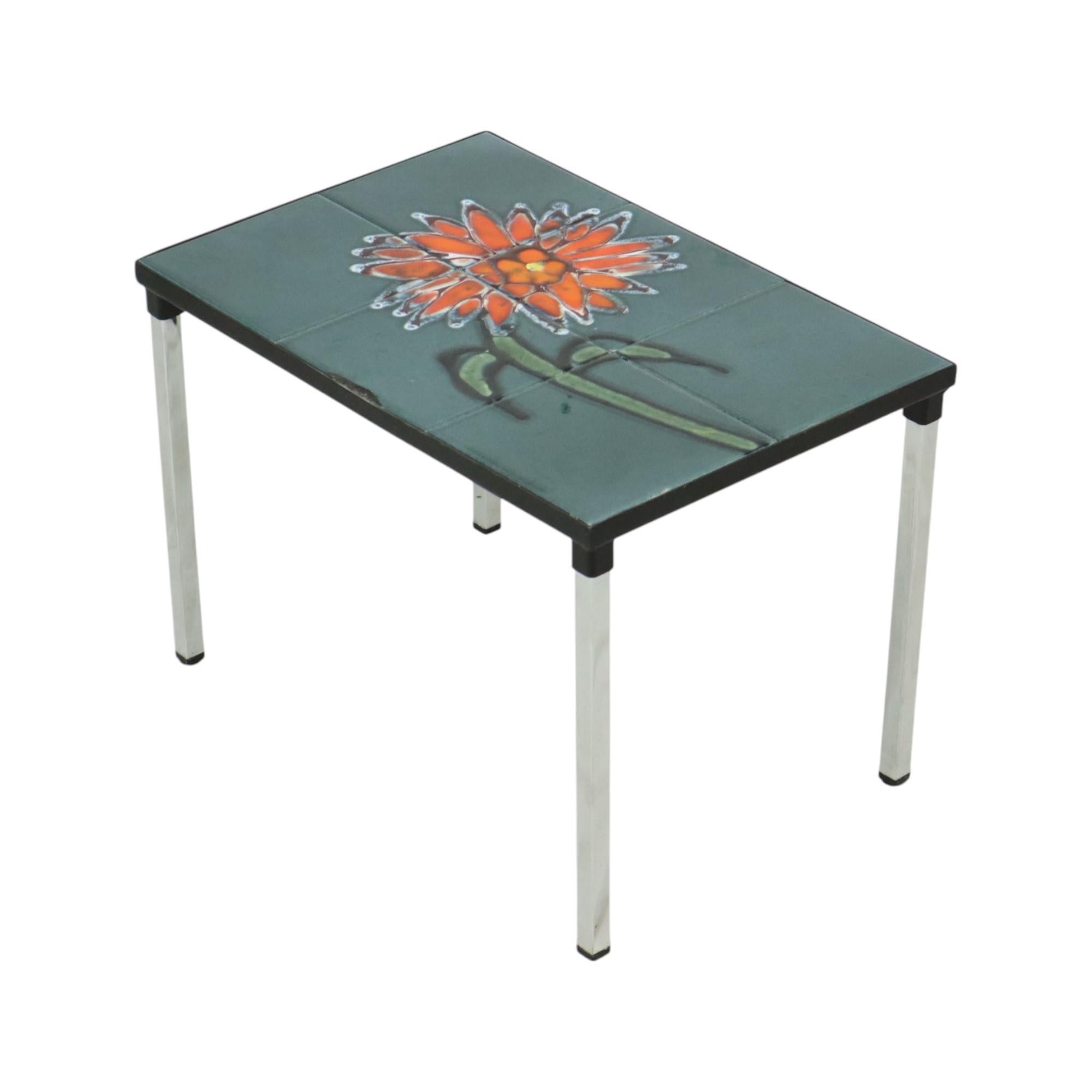 Small Ceramic Tile Table Chrome Adri Belarti Orange Flower 47cm In Good Condition In Poperinge, BE
