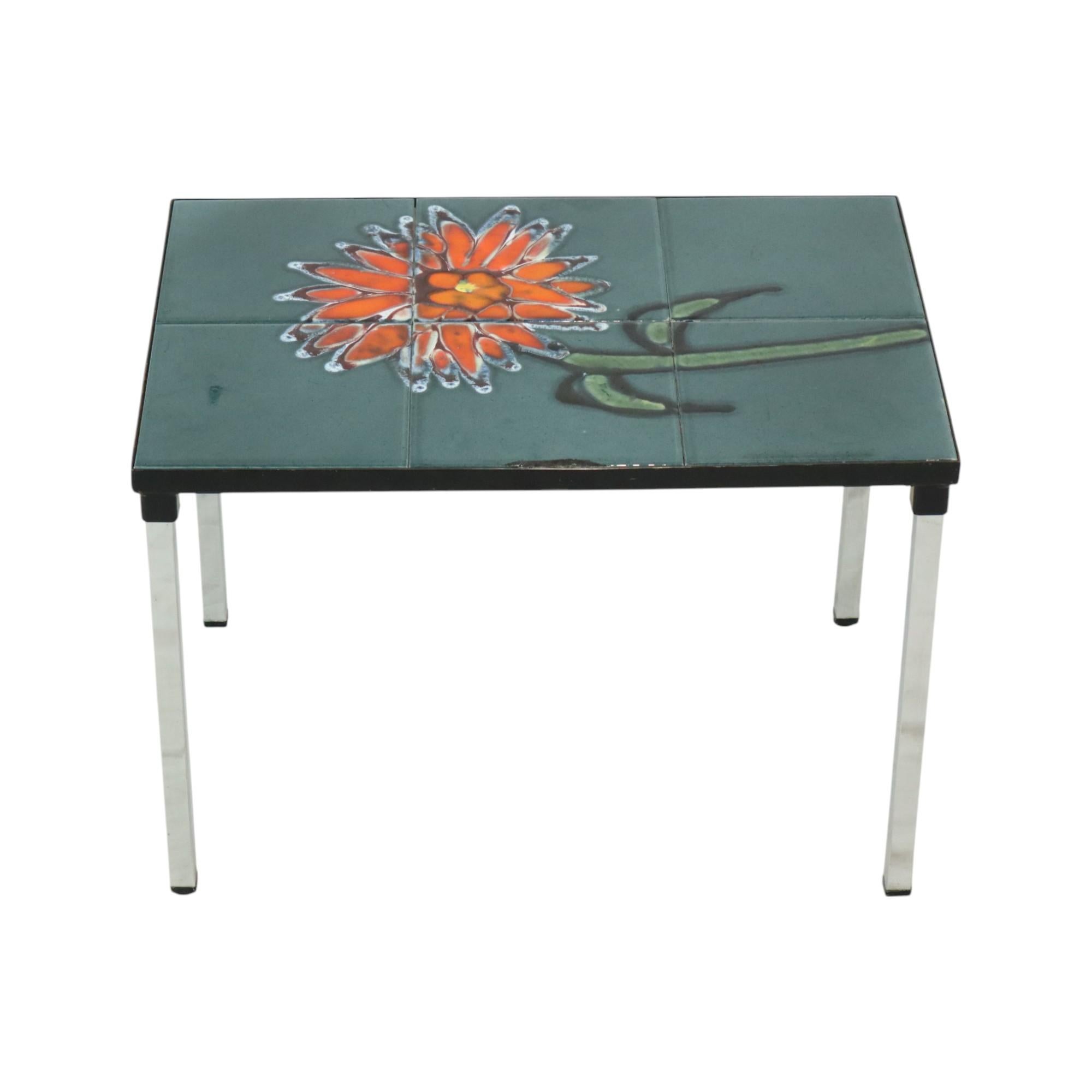 Mid-20th Century Small Ceramic Tile Table Chrome Adri Belarti Orange Flower 47cm