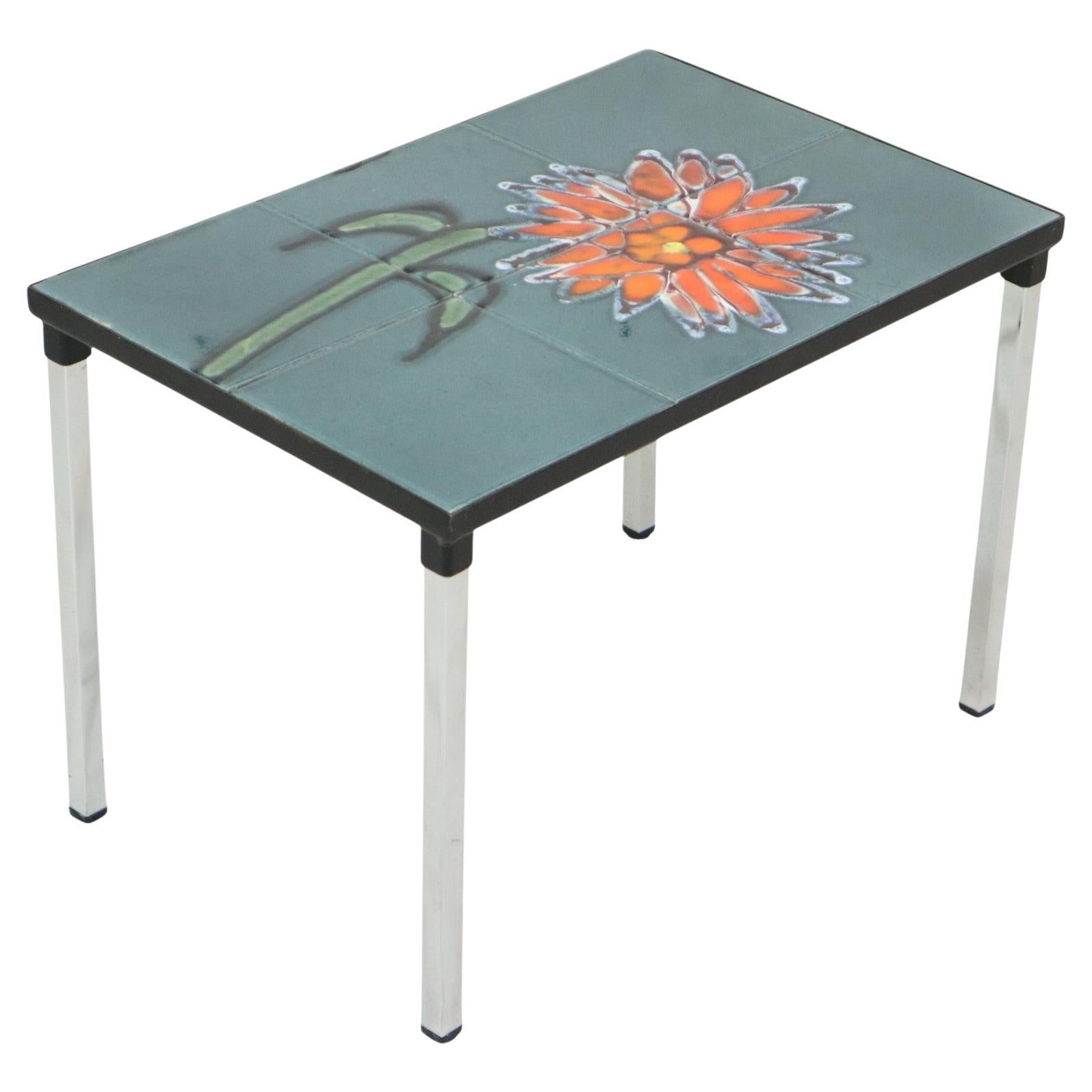 Small Ceramic Tile Table Chrome Adri Belarti Orange Flower 47cm