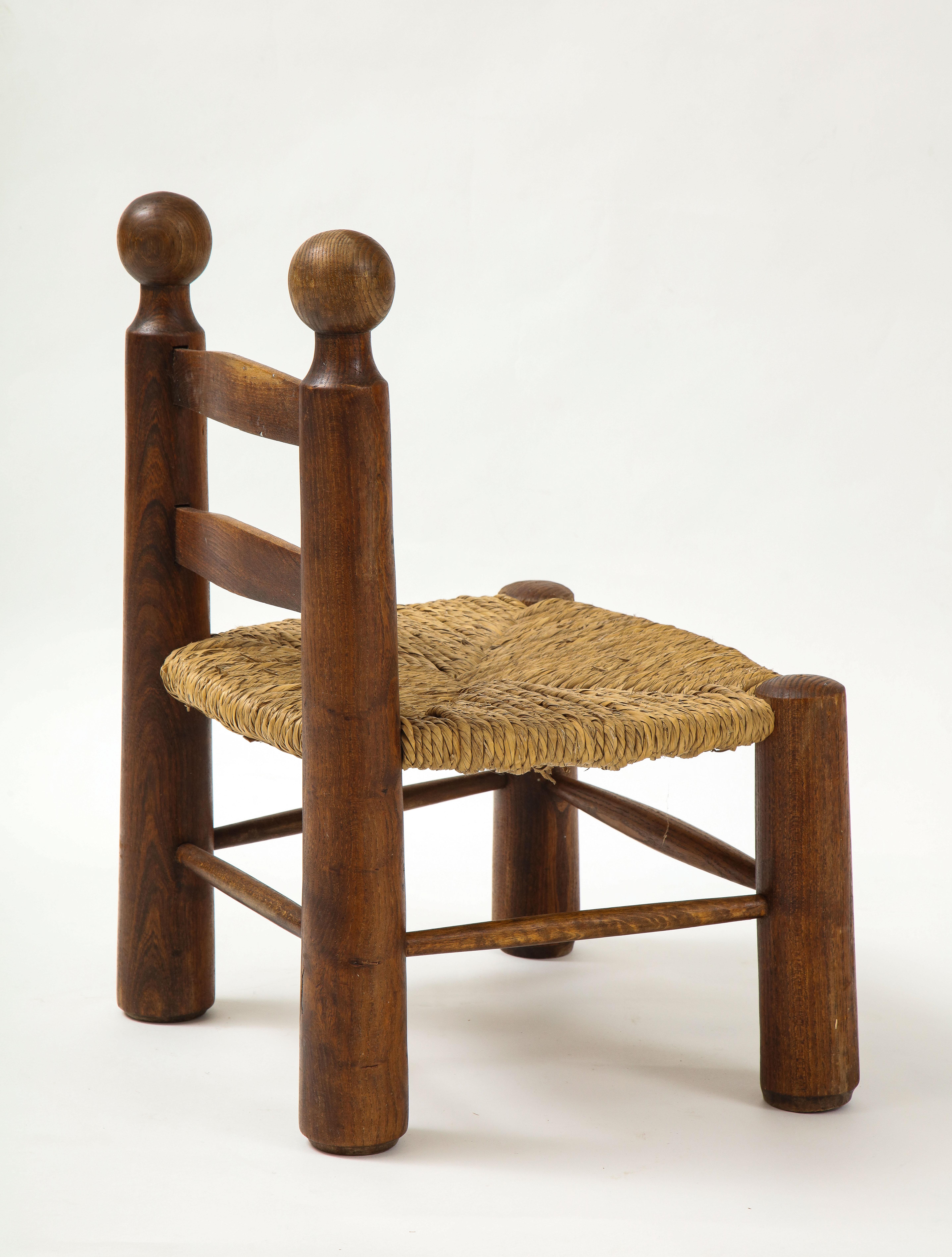 Small Chair, Rush Seat and Ball Finials, Attributed to Charles Dudouyt, France 2