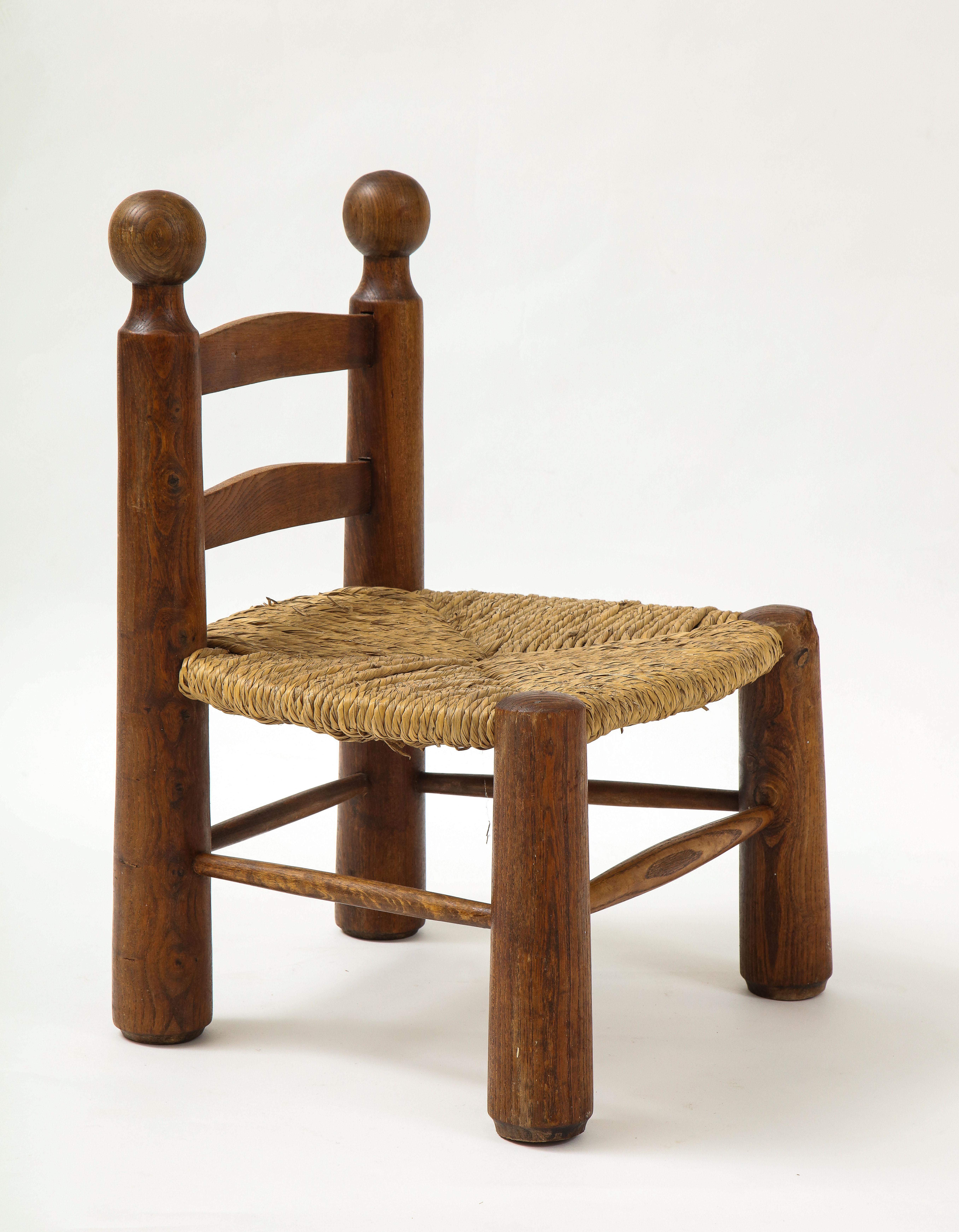 Small Chair, Rush Seat and Ball Finials, Attributed to Charles Dudouyt, France 3