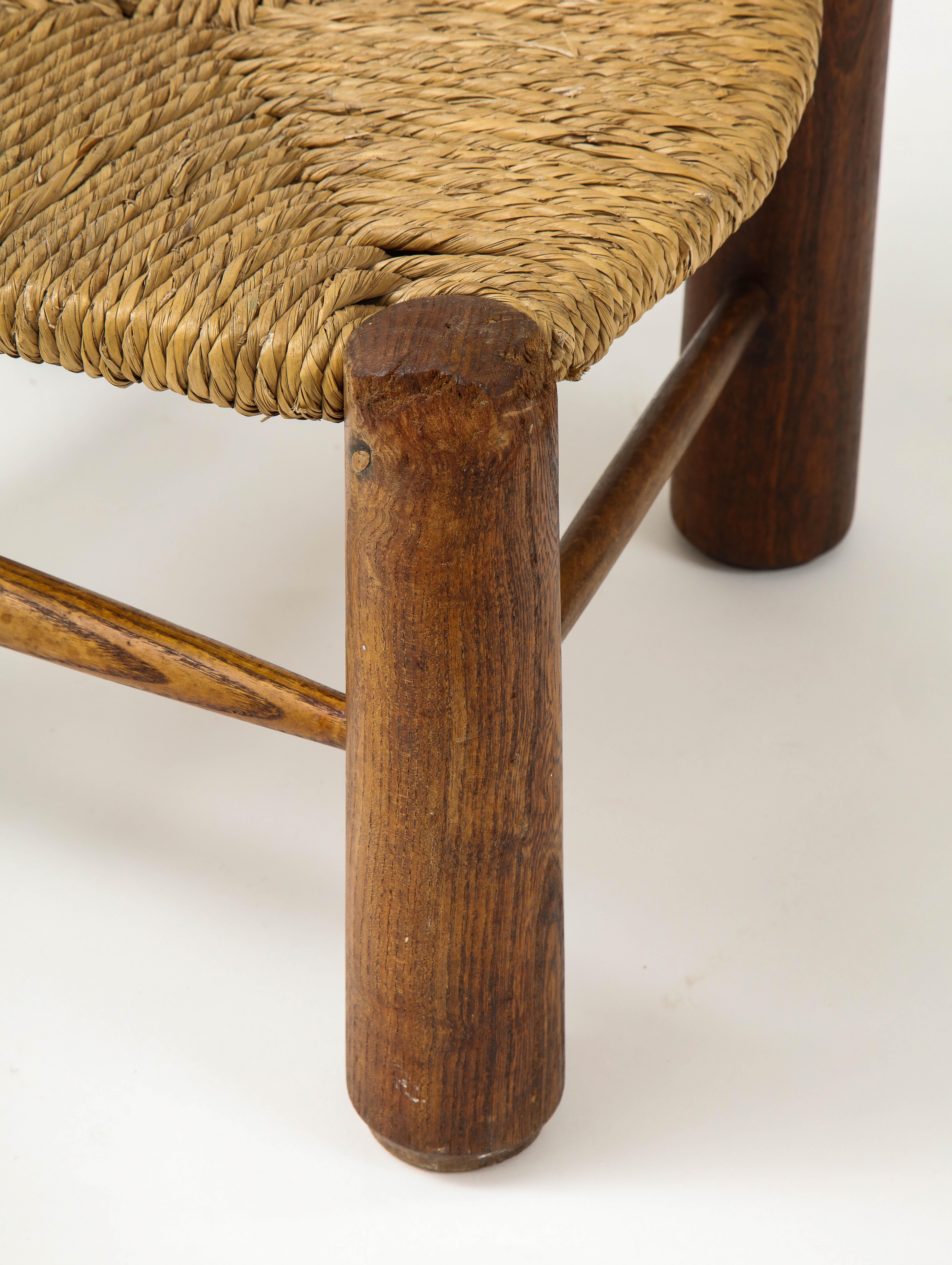 Mid-Century Modern Small Chair, Rush Seat and Ball Finials, Attributed to Charles Dudouyt, France