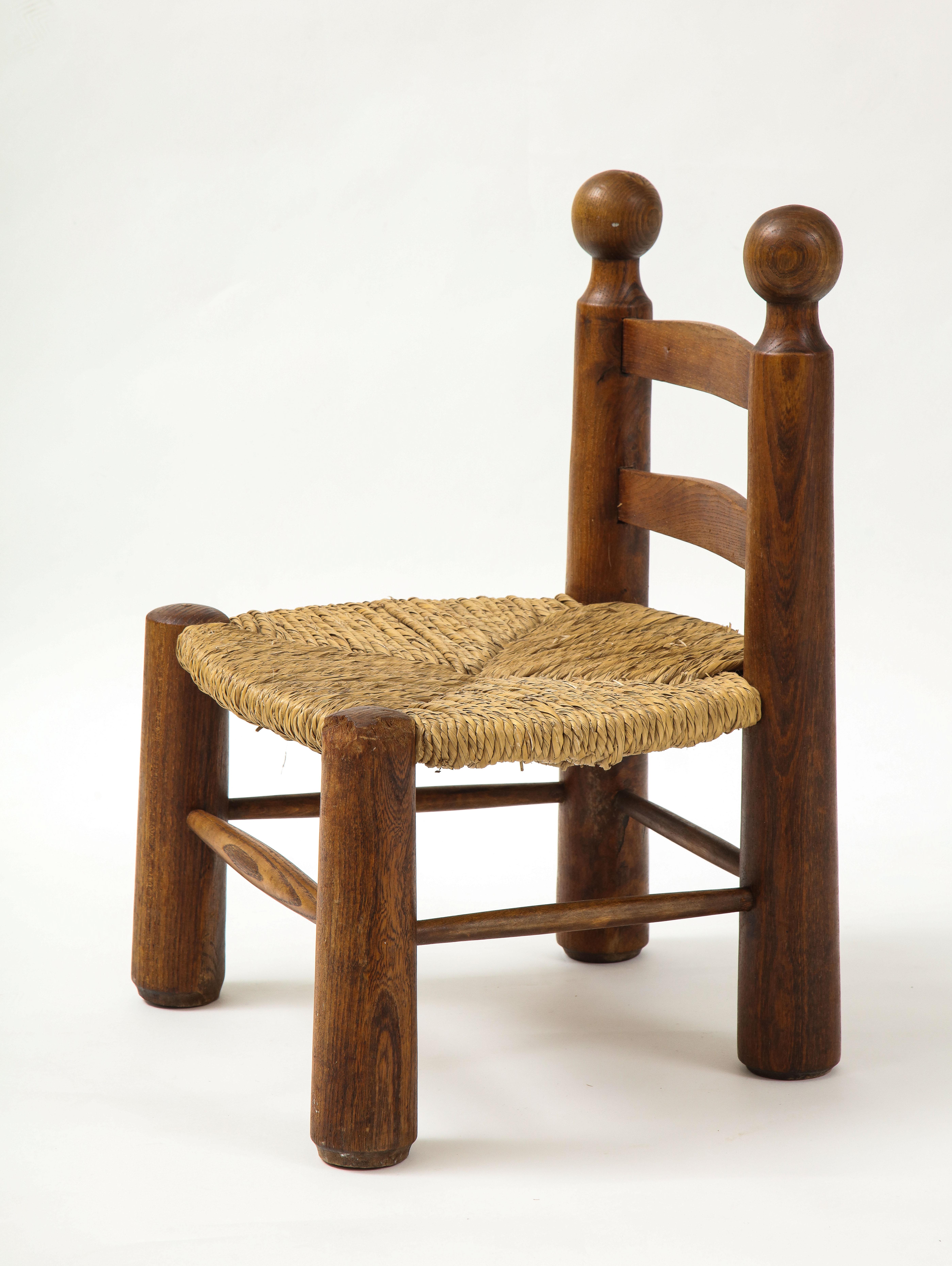 French Small Chair, Rush Seat and Ball Finials, Attributed to Charles Dudouyt, France