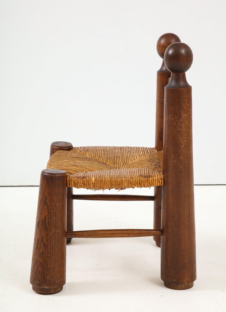 Woven Small Chair, Rush Seat and Ball Finials, Attributed to Charles Dudouyt, France