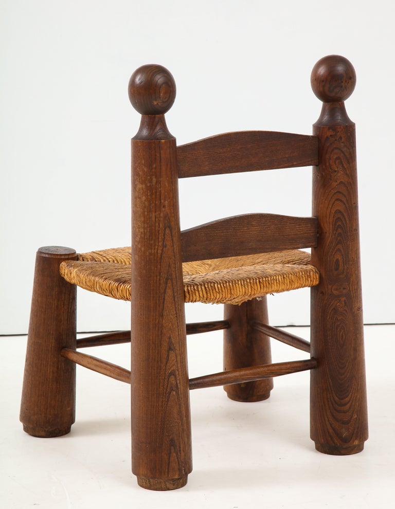 Small Chair, Rush Seat and Ball Finials, Attributed to Charles Dudouyt, France In Good Condition In Brooklyn, NY