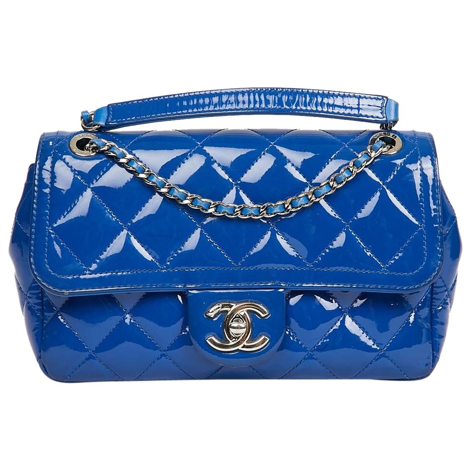 Small CHANEL Flap Bag in Electric Blue Quilted Patent Leather