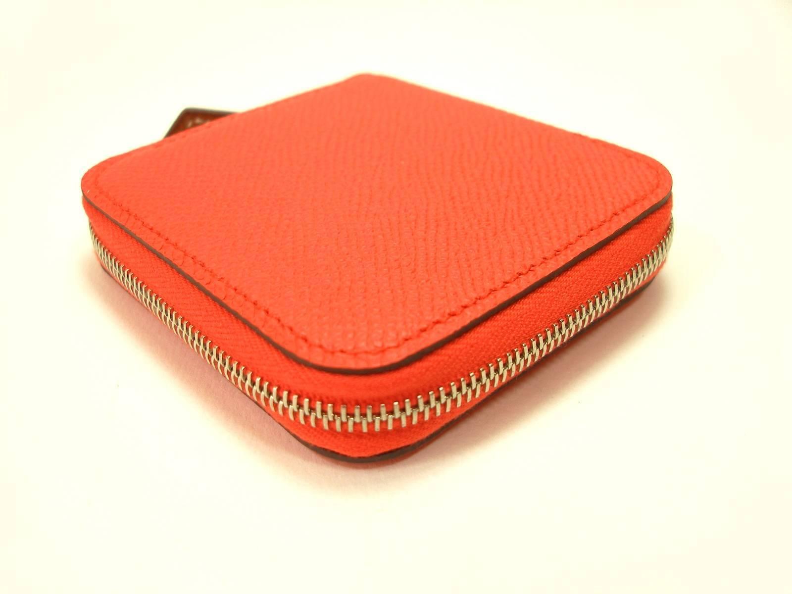 Red  Small Change Coin Purse Hermés silk'in Etriers 654 Orange Poppy / Brand New 