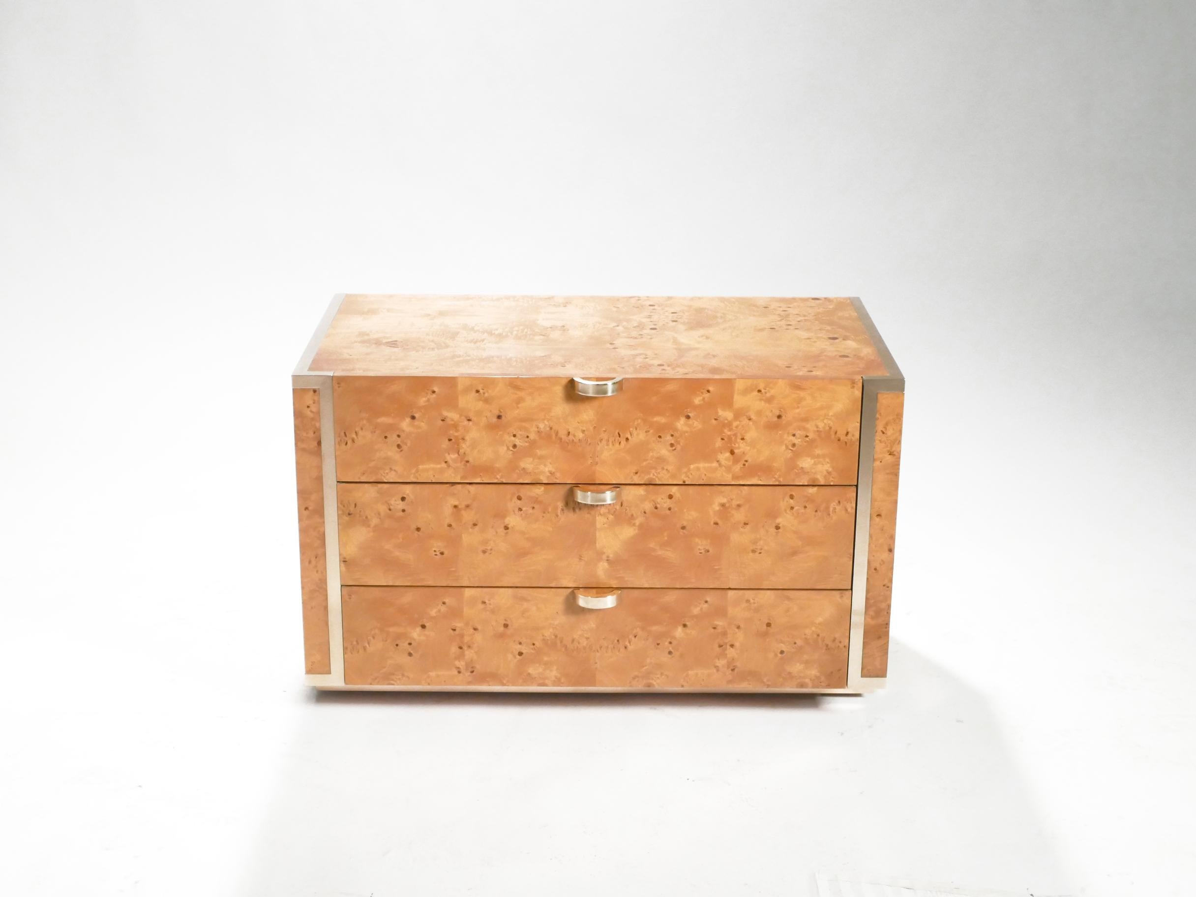 With its small size, neutral caramel color and roomy drawers, this chest of drawers is remarkably versatile for contemporary interiors—the piece would do equally well as a nightstand, a side table, or an end table. It has a Mid-Century Modern sleek
