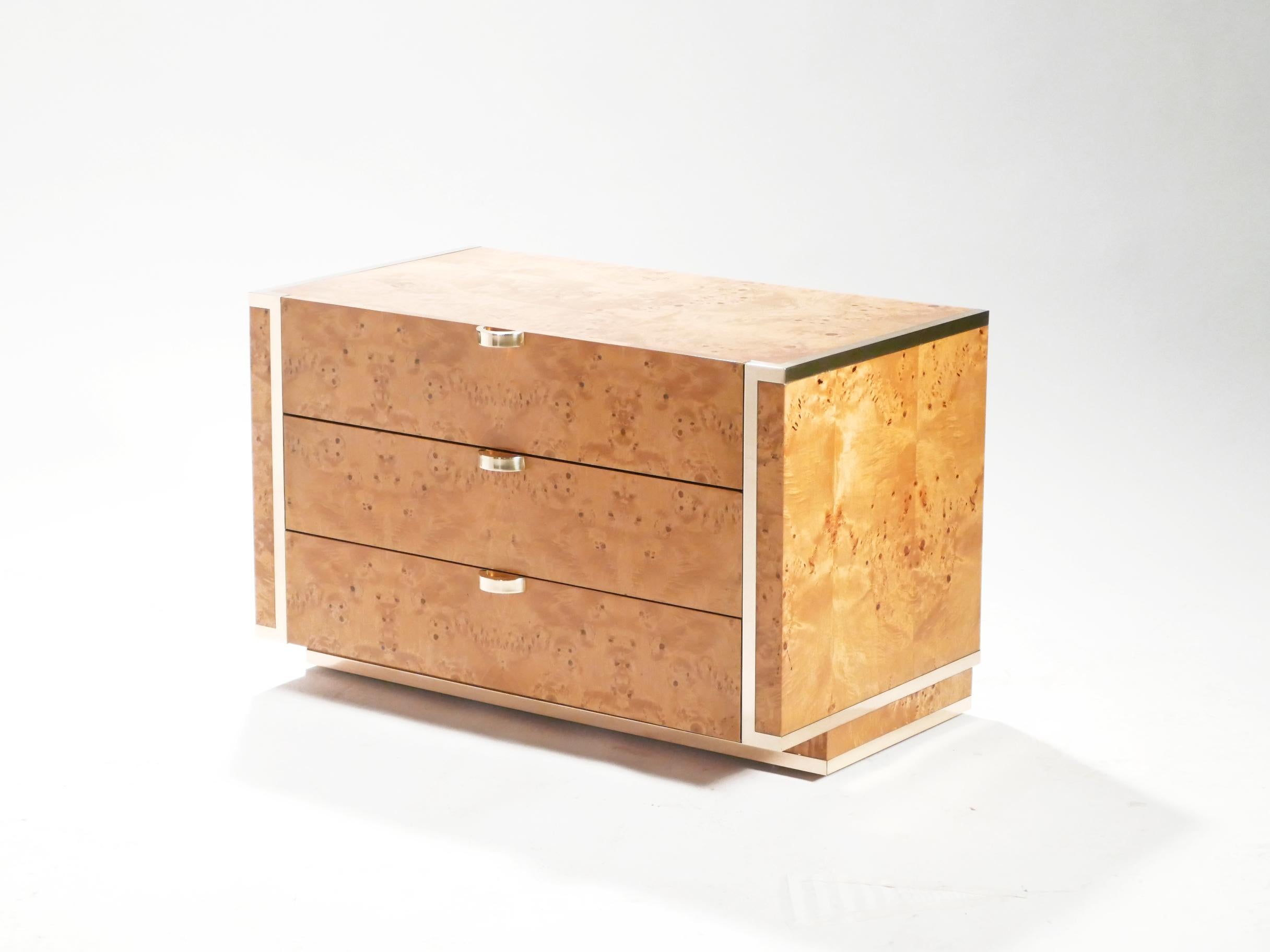 Hollywood Regency Small Chest of Drawers Burl and Brass J. C. Mahey, 1970s