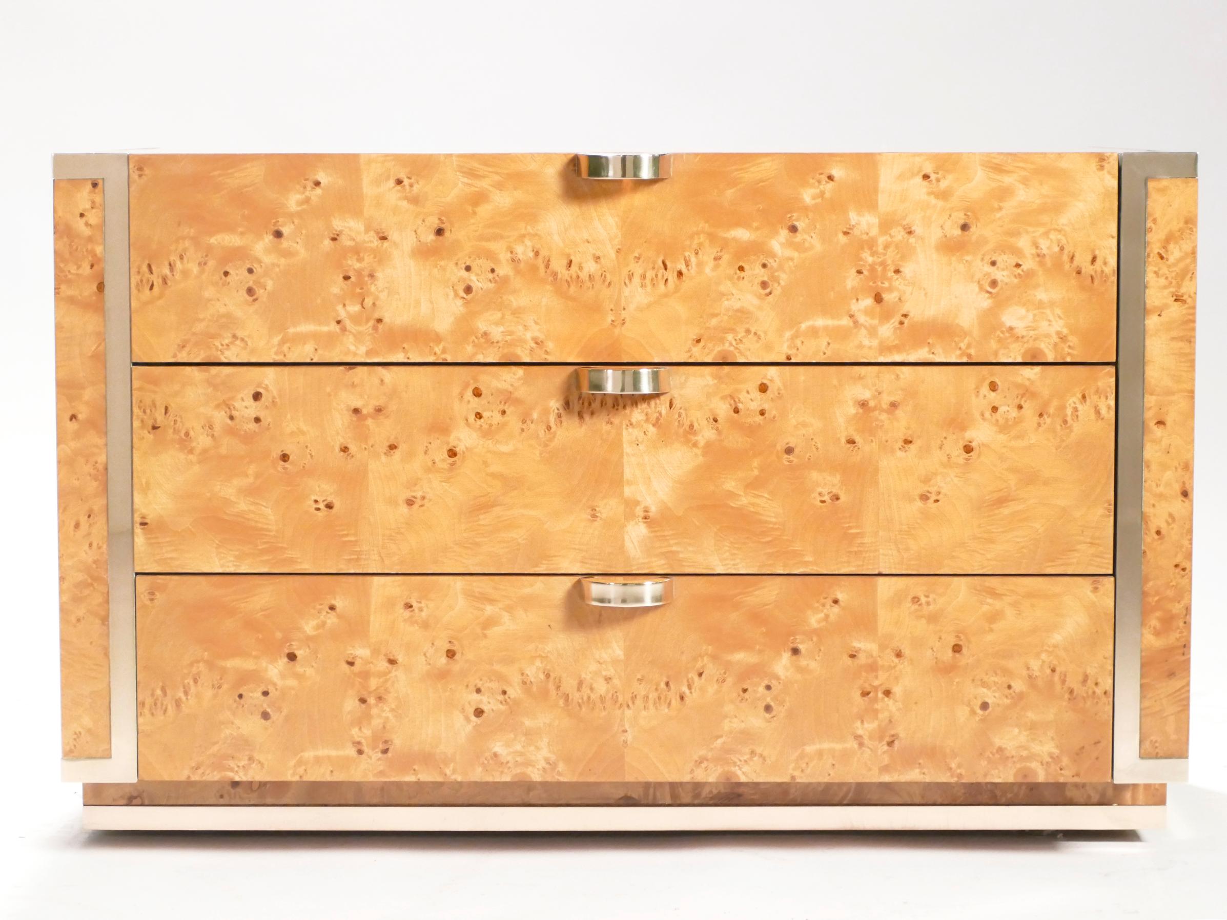 French Small Chest of Drawers Burl and Brass J. C. Mahey, 1970s
