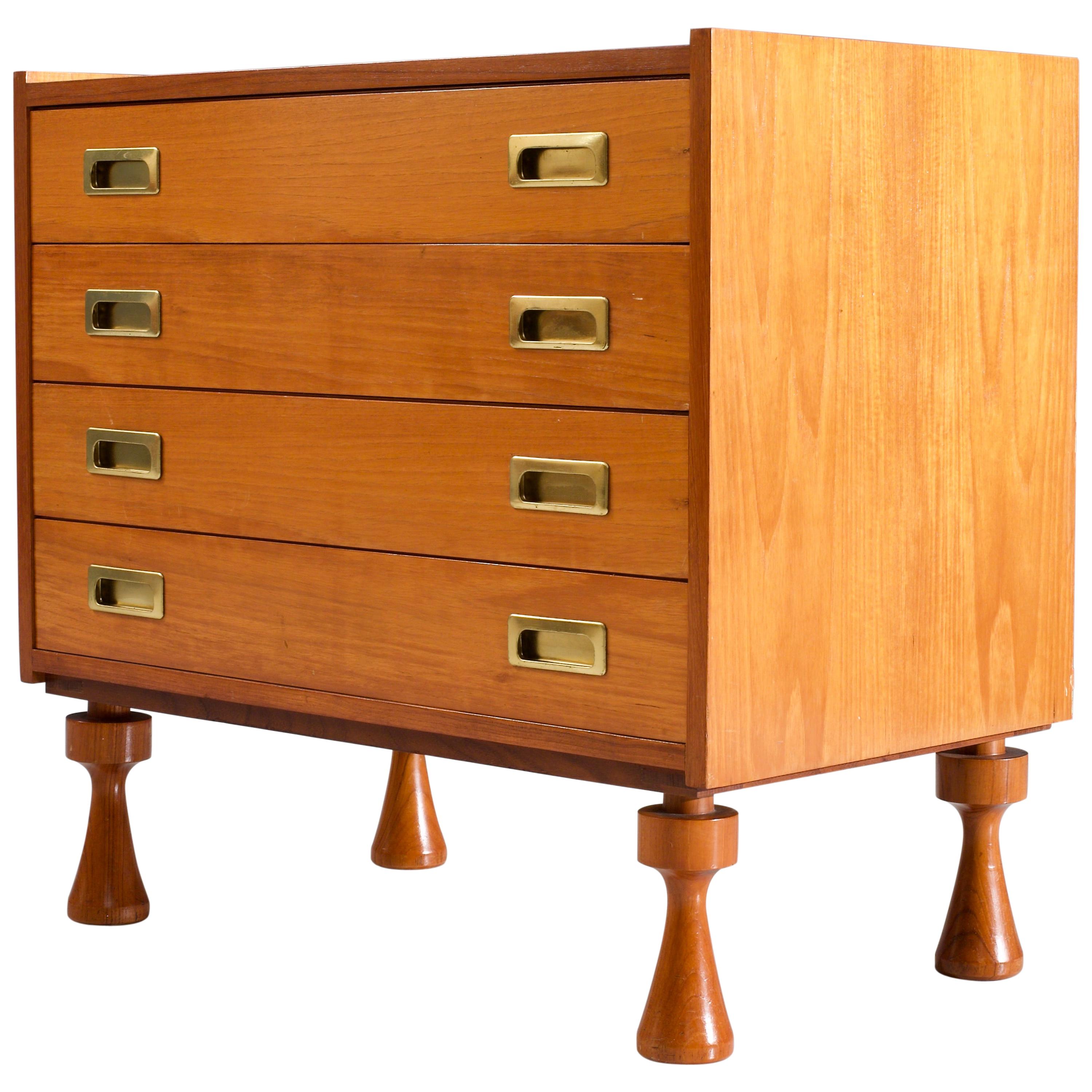 Small Chest of Drawers in Walnut and Brass, France, 1960s