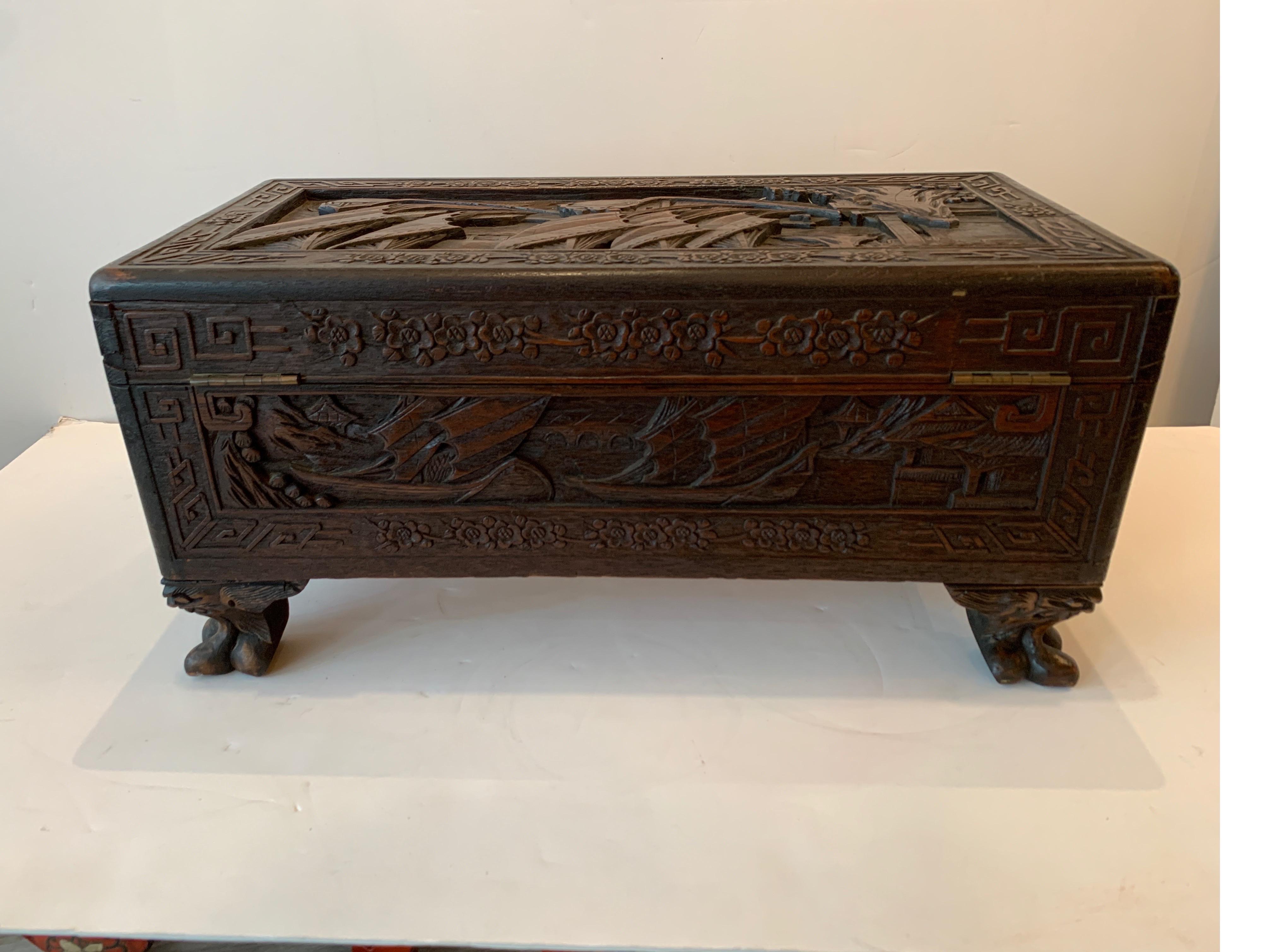 Hardwood Small Handcarved Chinese Chest  For Sale