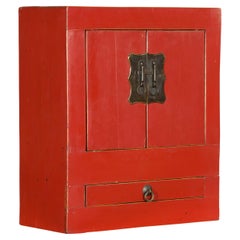 Antique Small Chinese 1900s Red Lacquered Cabinet with Brass Hardware and Single Drawer
