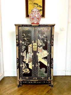 Small Chinese Black Lacquered Wardrobe 19th Century