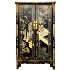 Antique Small Chinese Black Lacquered Wardrobe 19th Century
