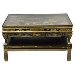 Small Chinese Chinoiserie Black Lacquer and Gold Coffee Table Brass Plinth Base
