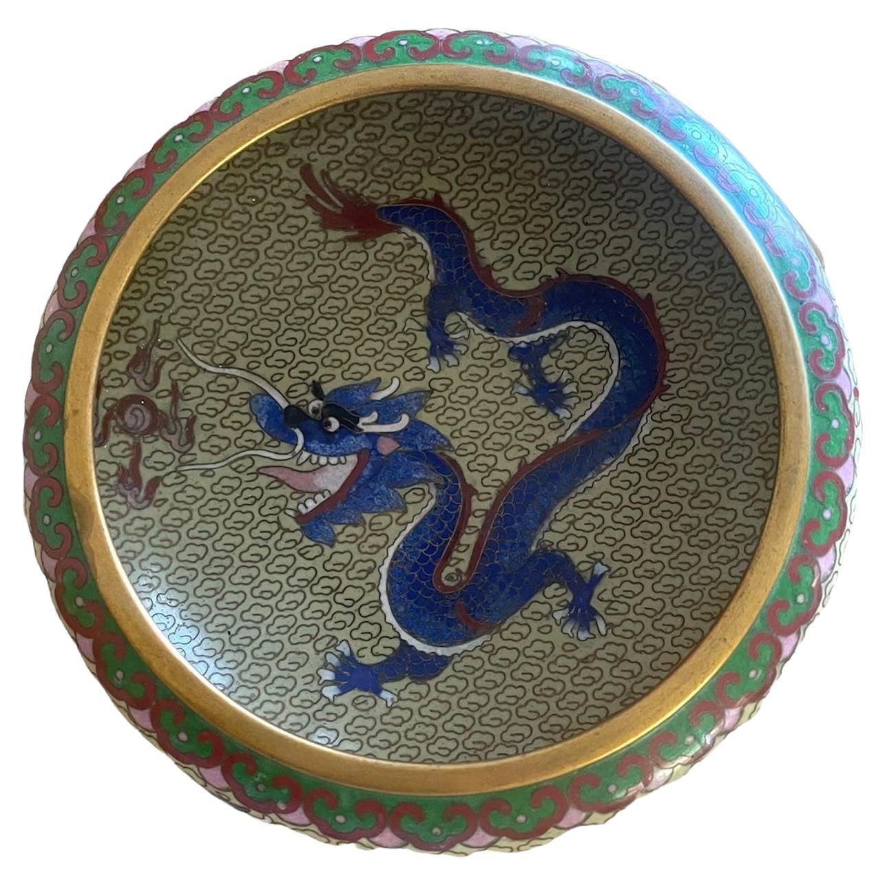 Chinese Cloisonne bowl dragon early 20th century turquoise blue dragon. Could be depiction of Qing Dynasty though I am unsure of that.
Stand included.