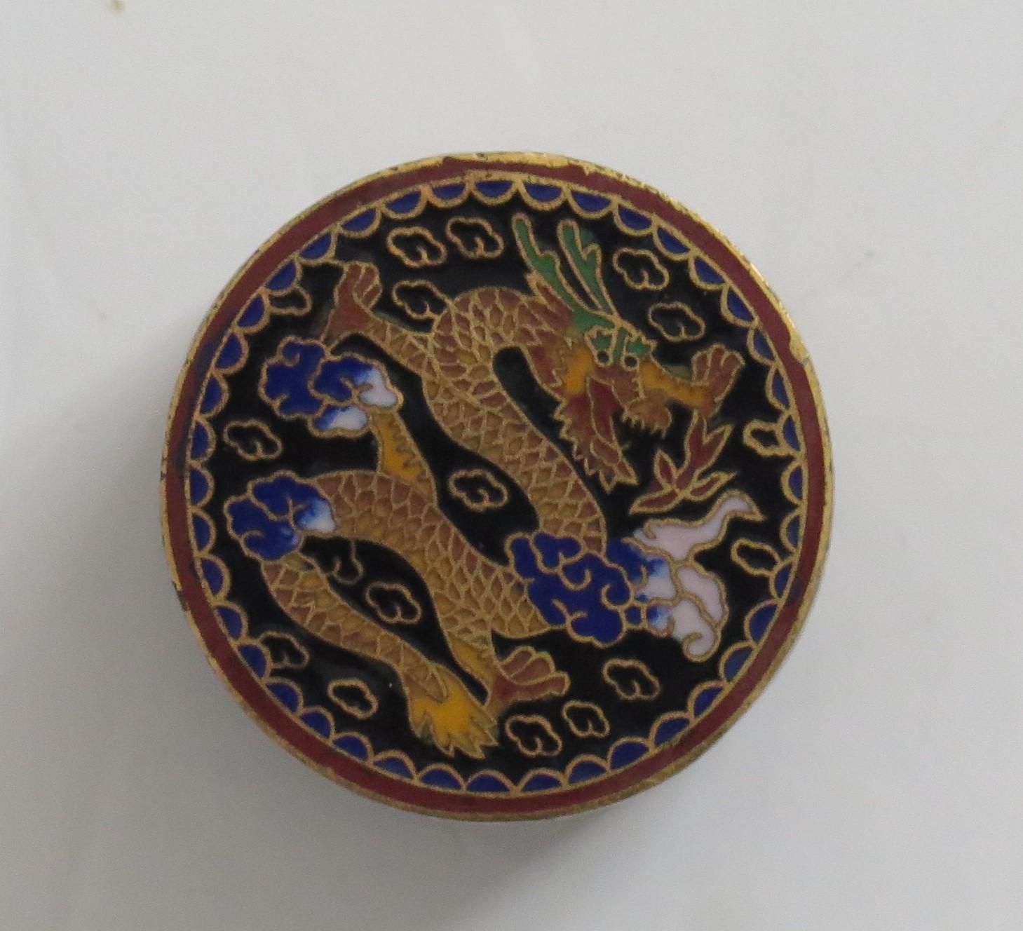 Bronze Small Chinese Cloisonné Lidded Box Two Dragons Chasing Flaming Pearl Circa 1930s