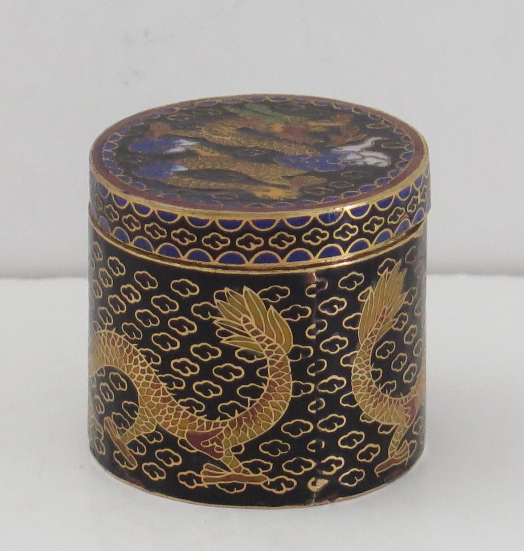 Qing Small Chinese Cloisonné Lidded Box Two Dragons Chasing Flaming Pearl Circa 1930s For Sale