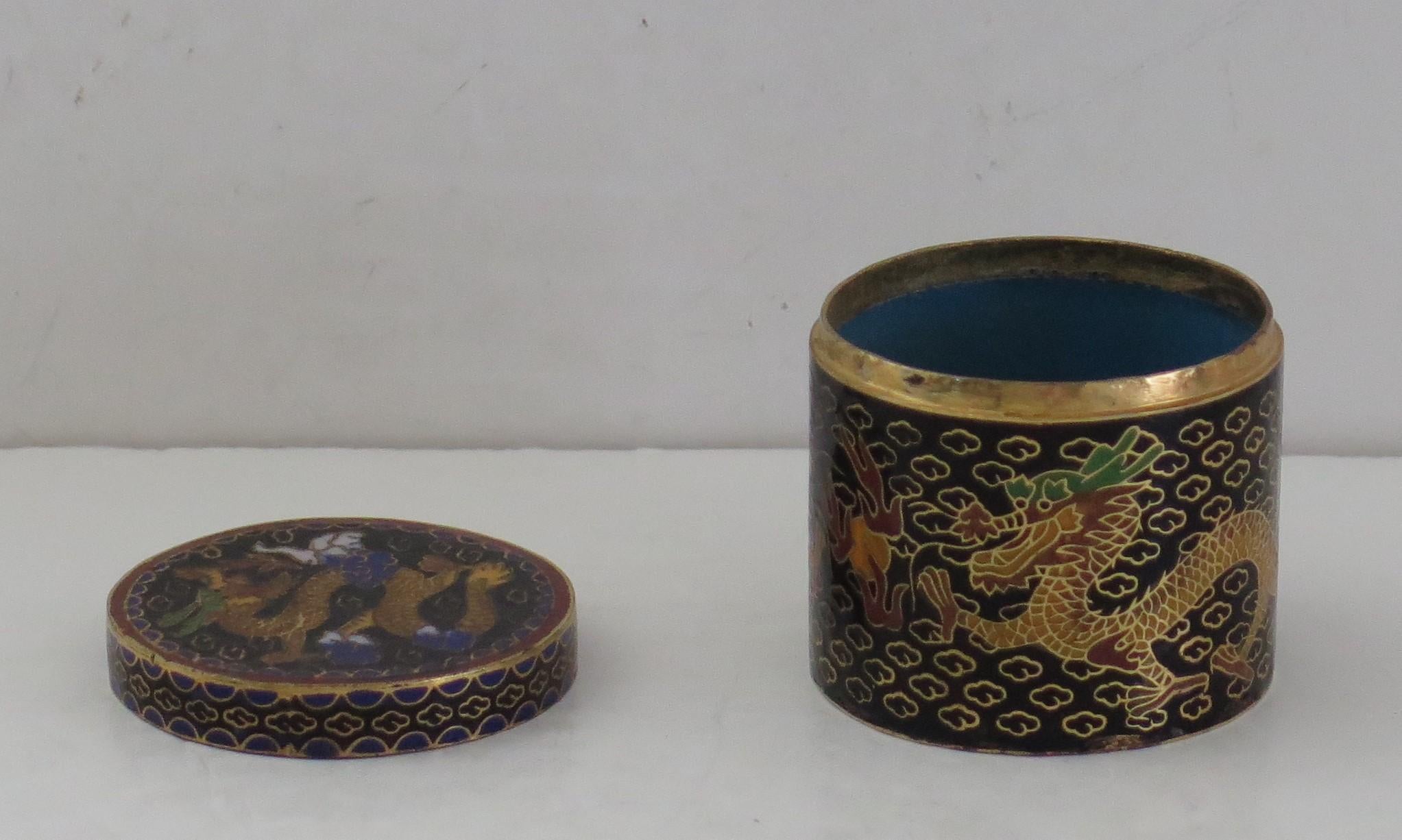 20th Century Small Chinese Cloisonné Lidded Box Two Dragons Chasing Flaming Pearl Circa 1930s For Sale