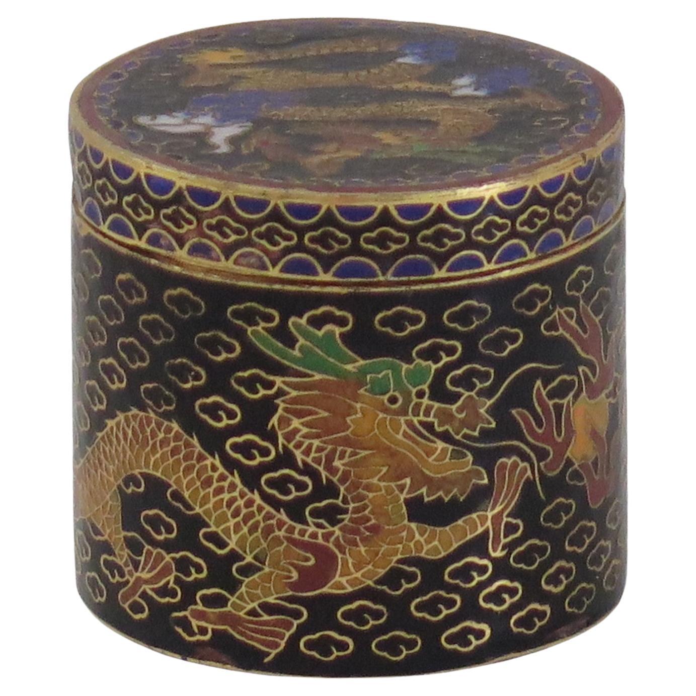 Small Chinese Cloisonné Lidded Box Two Dragons Chasing Flaming Pearl Circa 1930s For Sale
