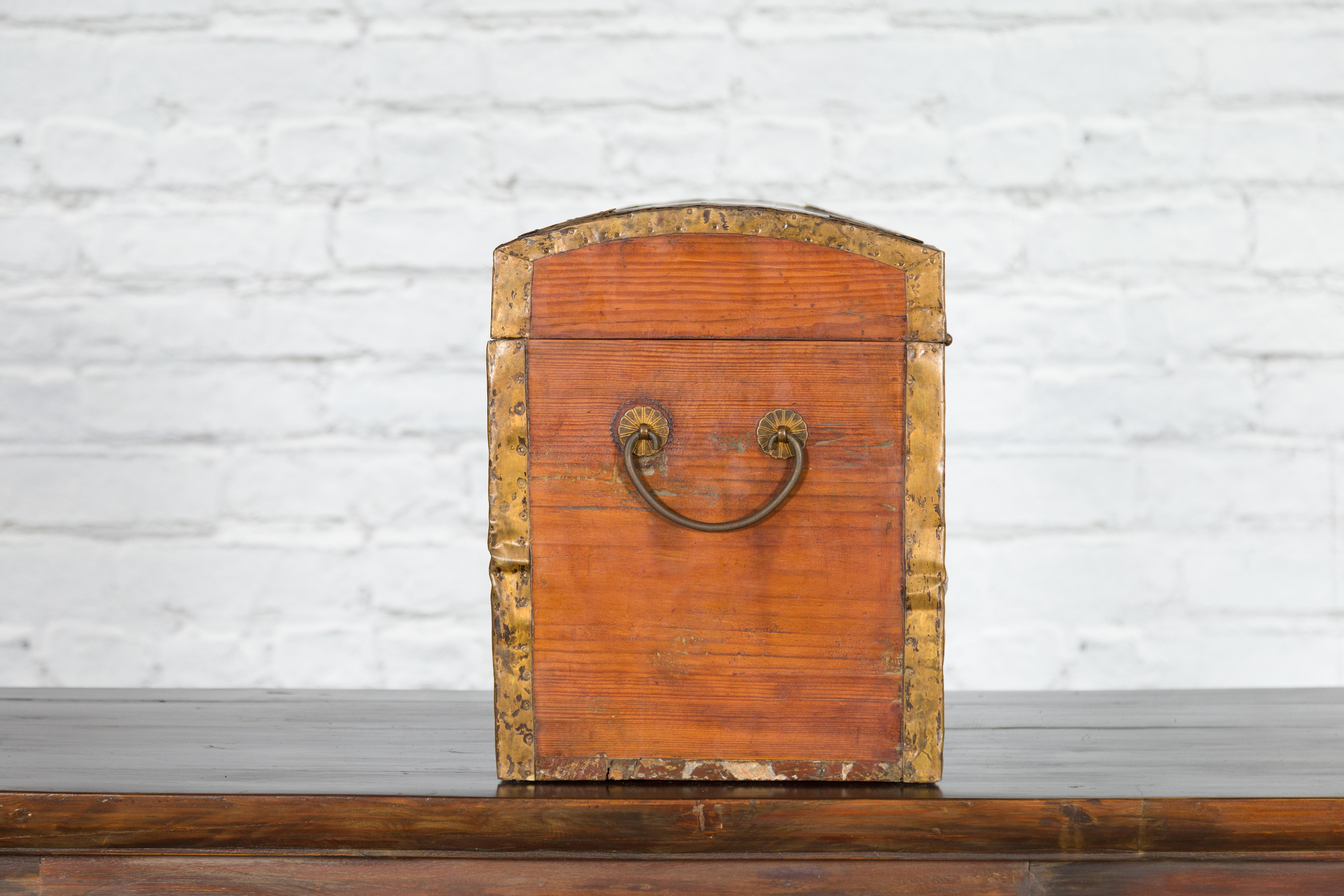 Small Chinese Early 20th Century Wooden Trunk with Domed Lid and Brass Accents 6