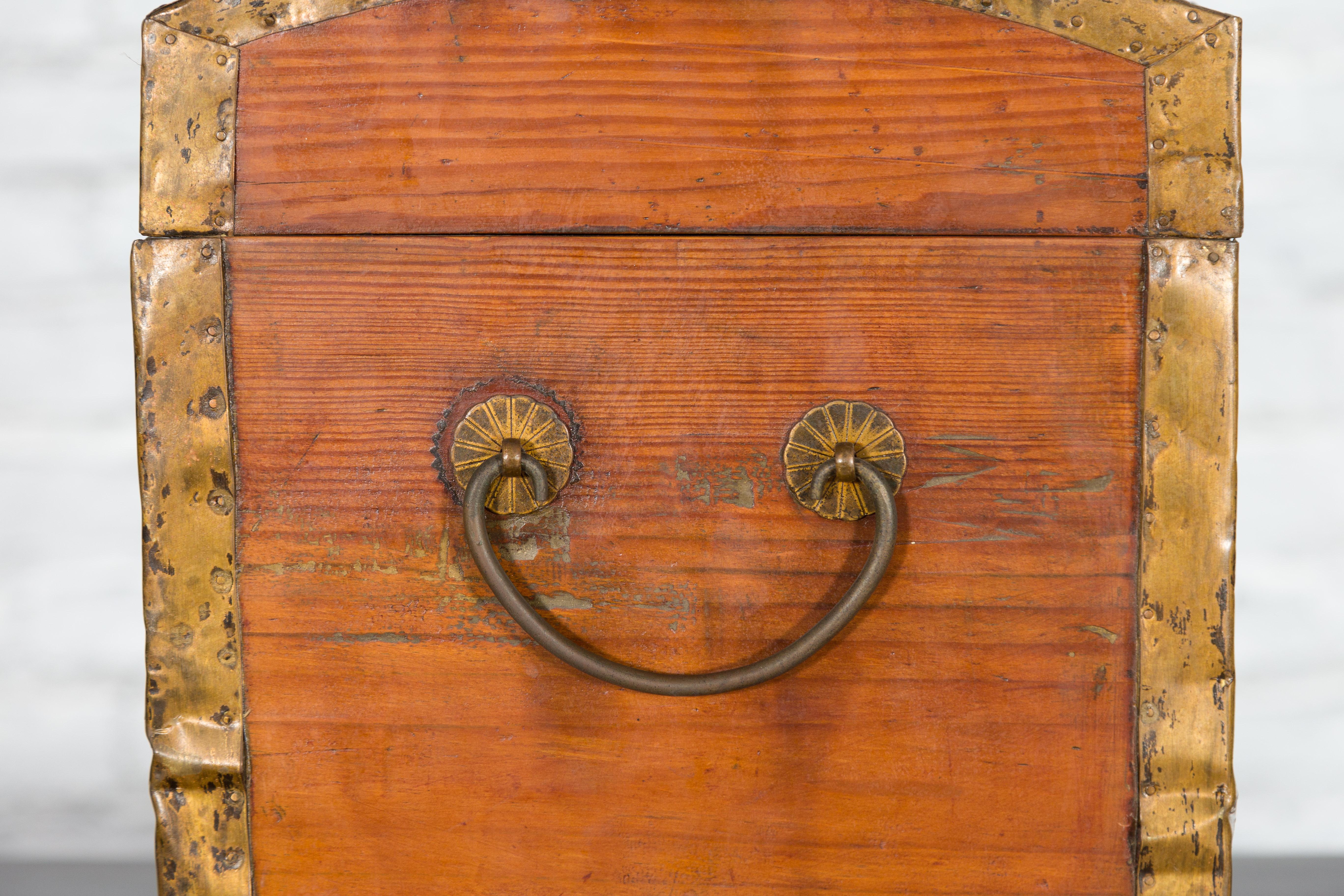Small Chinese Early 20th Century Wooden Trunk with Domed Lid and Brass Accents 7