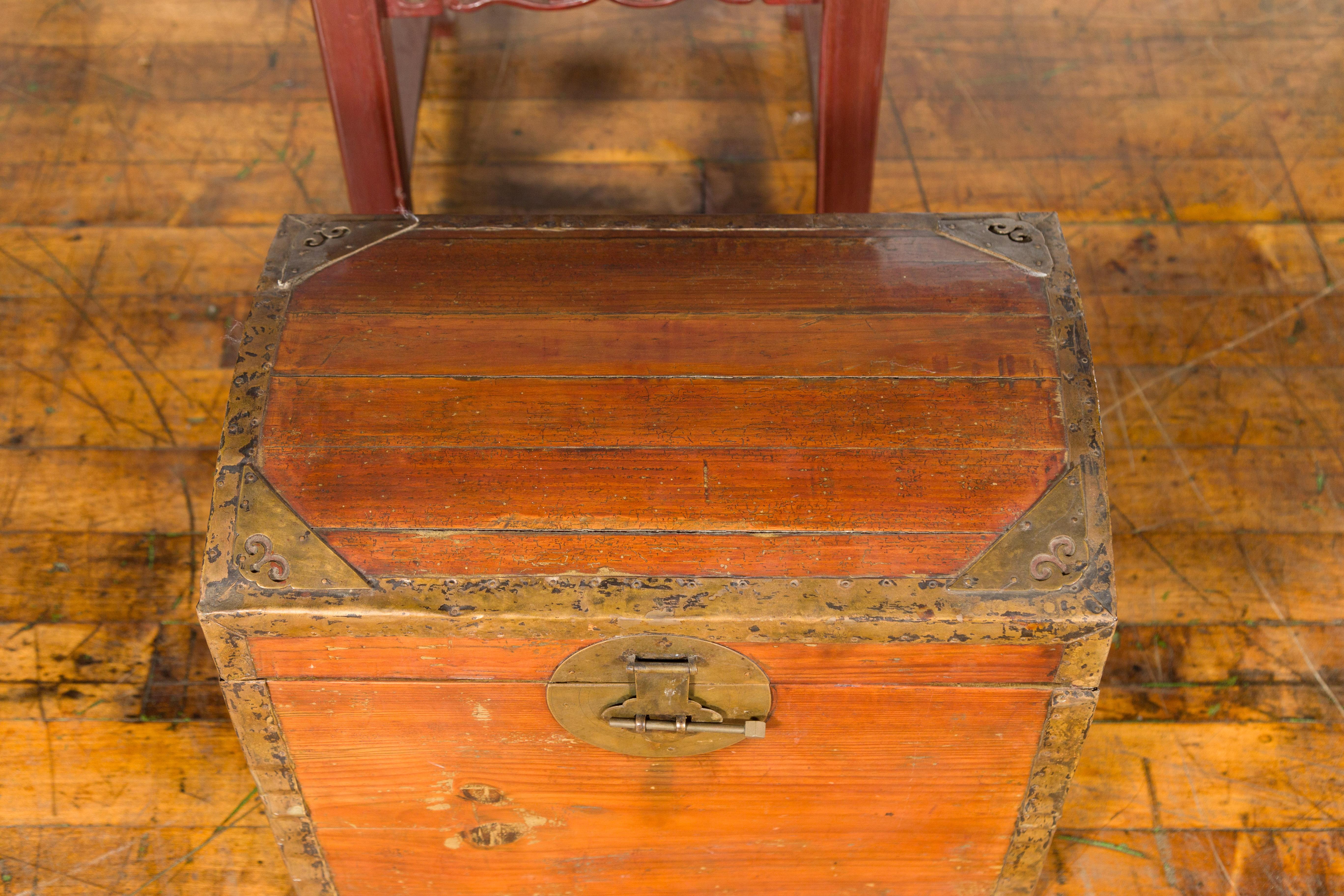 Small Chinese Early 20th Century Wooden Trunk with Domed Lid and Brass Accents 9