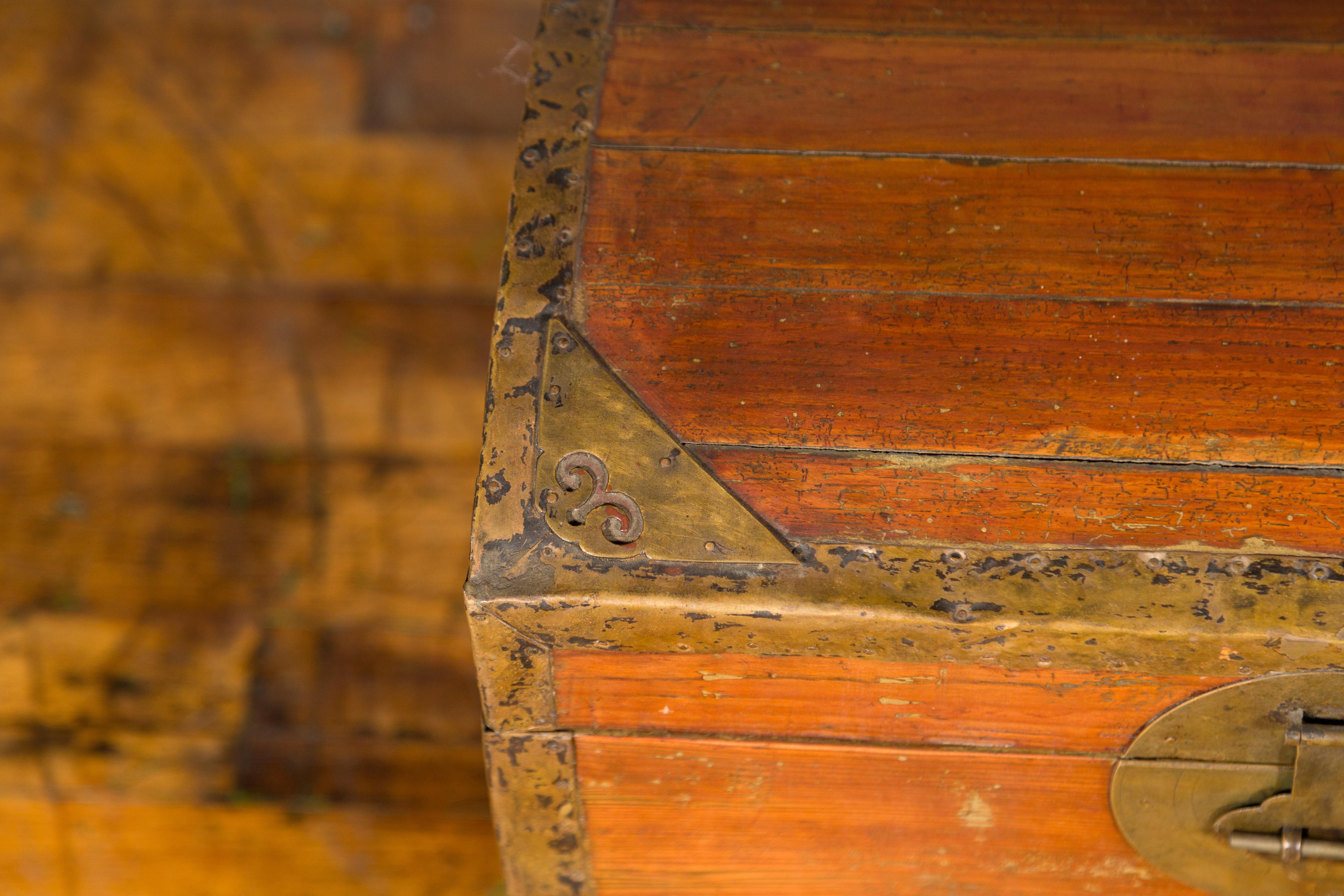 Small Chinese Early 20th Century Wooden Trunk with Domed Lid and Brass Accents 10