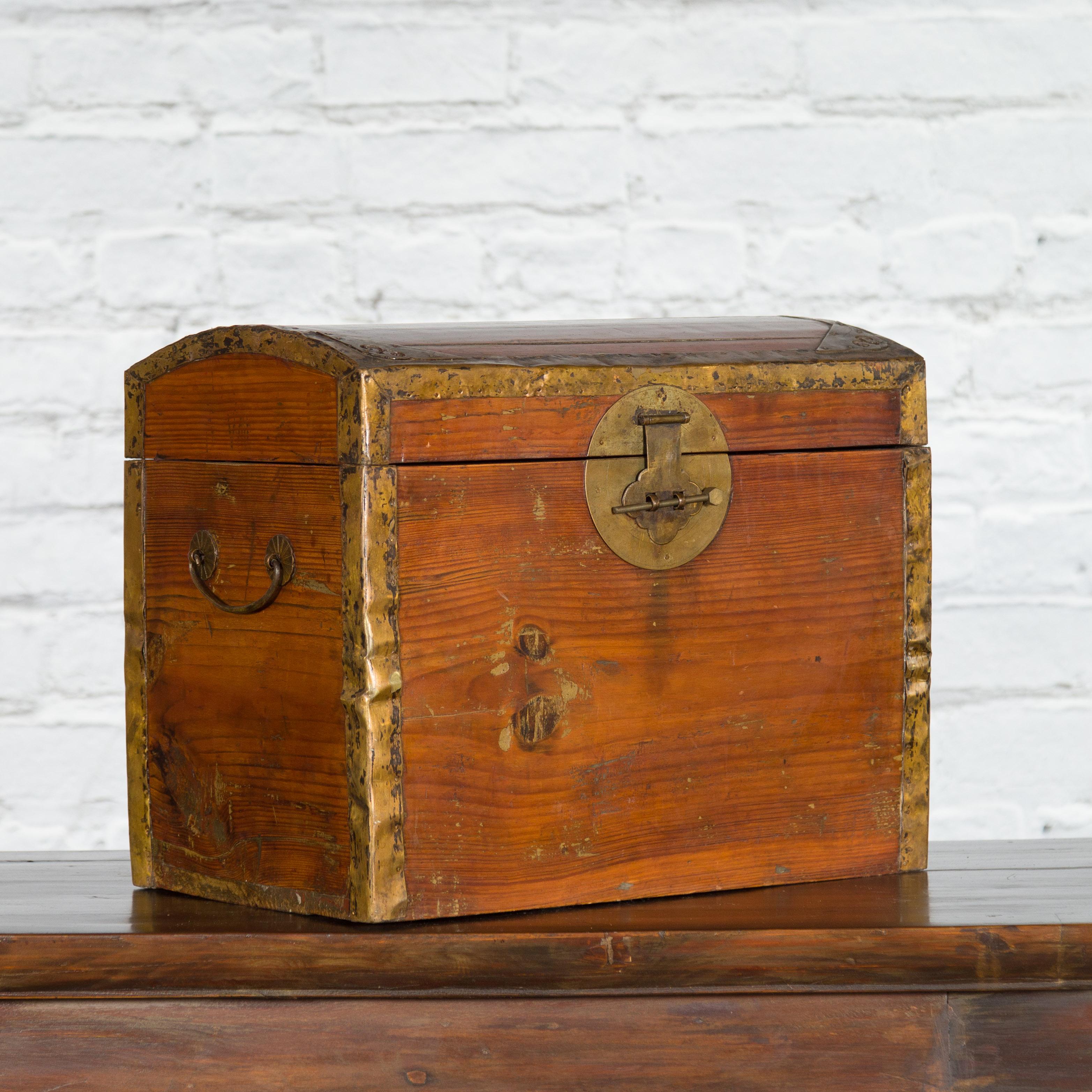 Small Chinese Early 20th Century Wooden Trunk with Domed Lid and Brass Accents In Good Condition In Yonkers, NY
