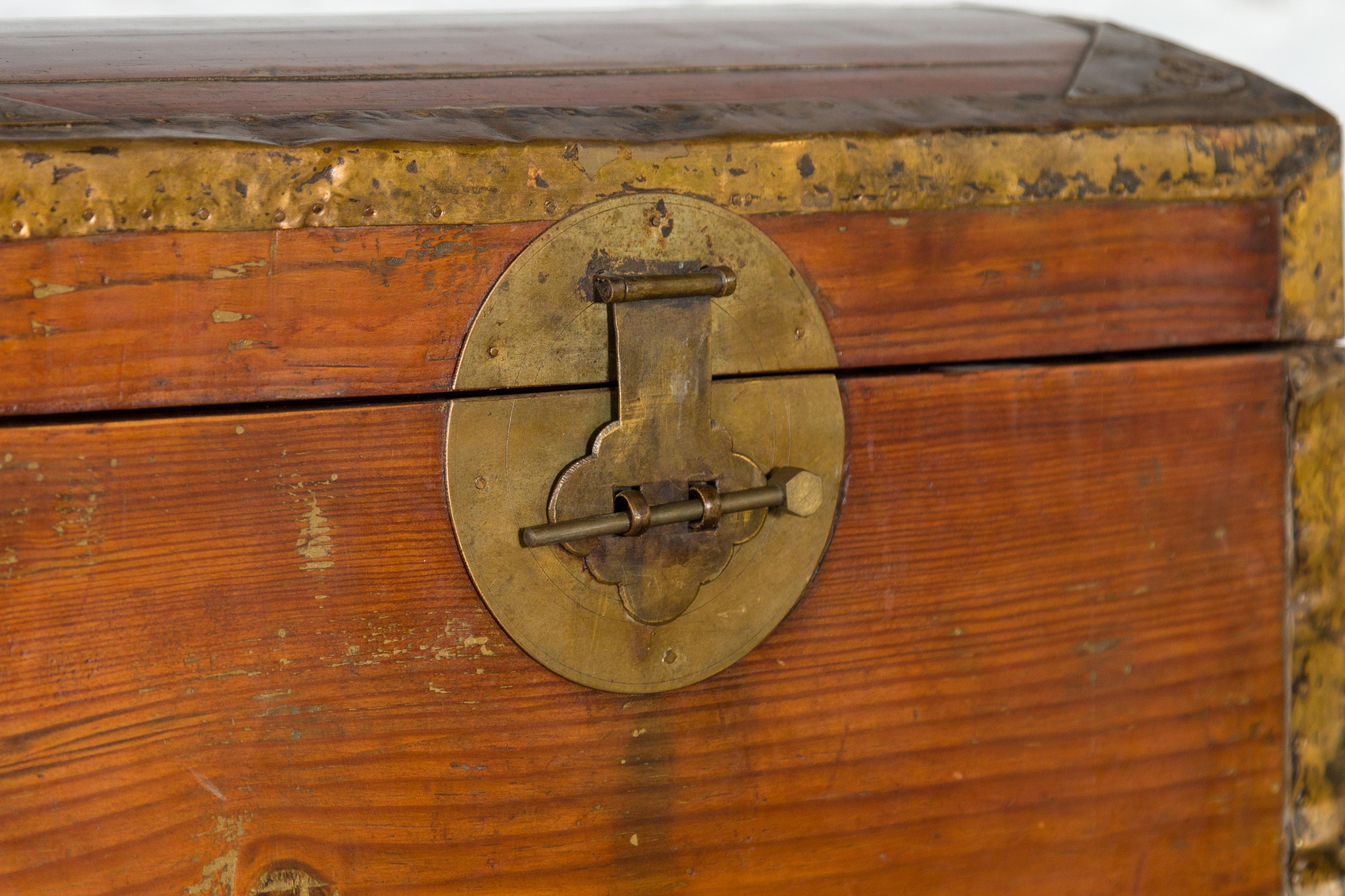 Small Chinese Early 20th Century Wooden Trunk with Domed Lid and Brass Accents 1