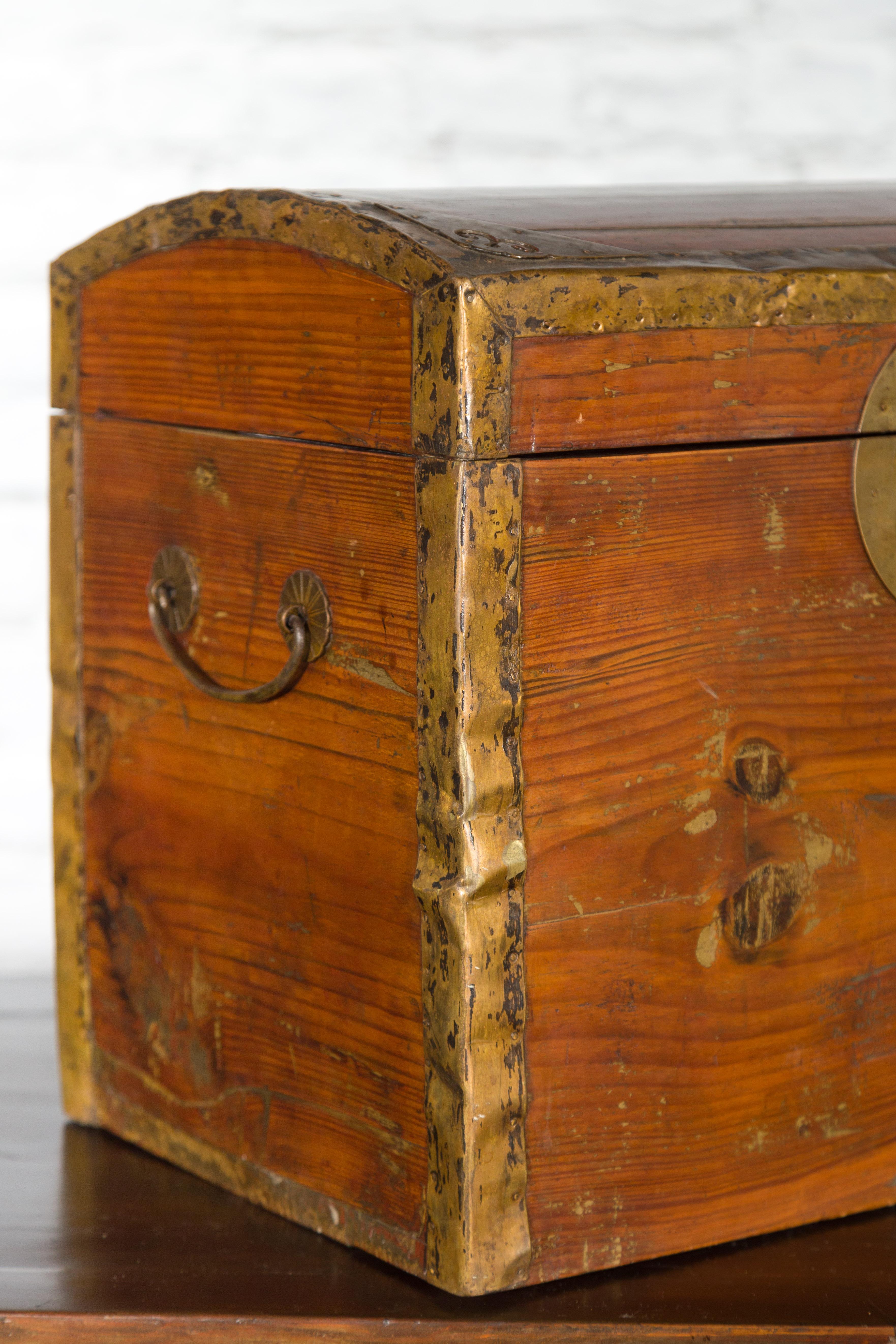 Small Chinese Early 20th Century Wooden Trunk with Domed Lid and Brass Accents 3
