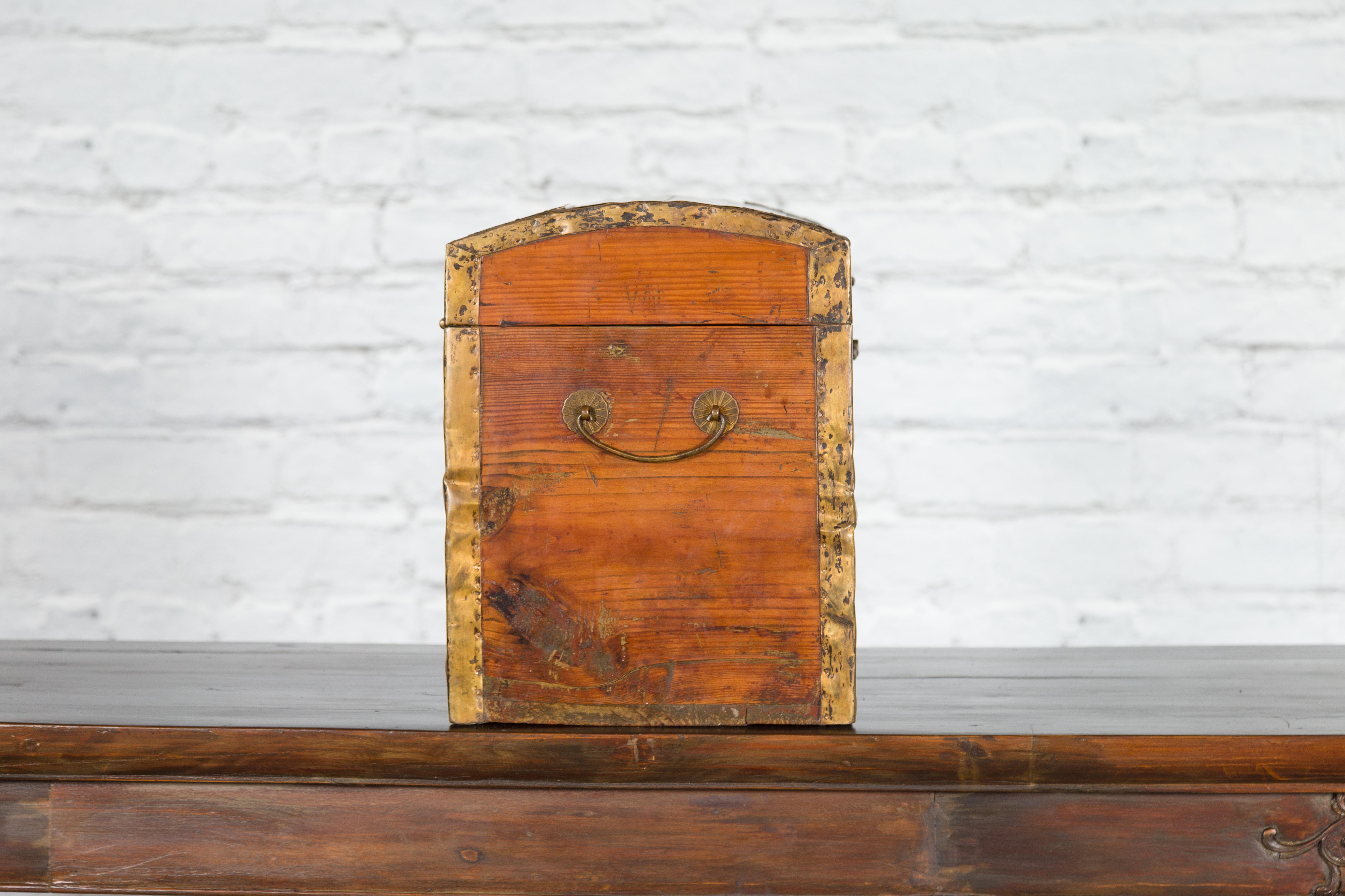 Small Chinese Early 20th Century Wooden Trunk with Domed Lid and Brass Accents 4