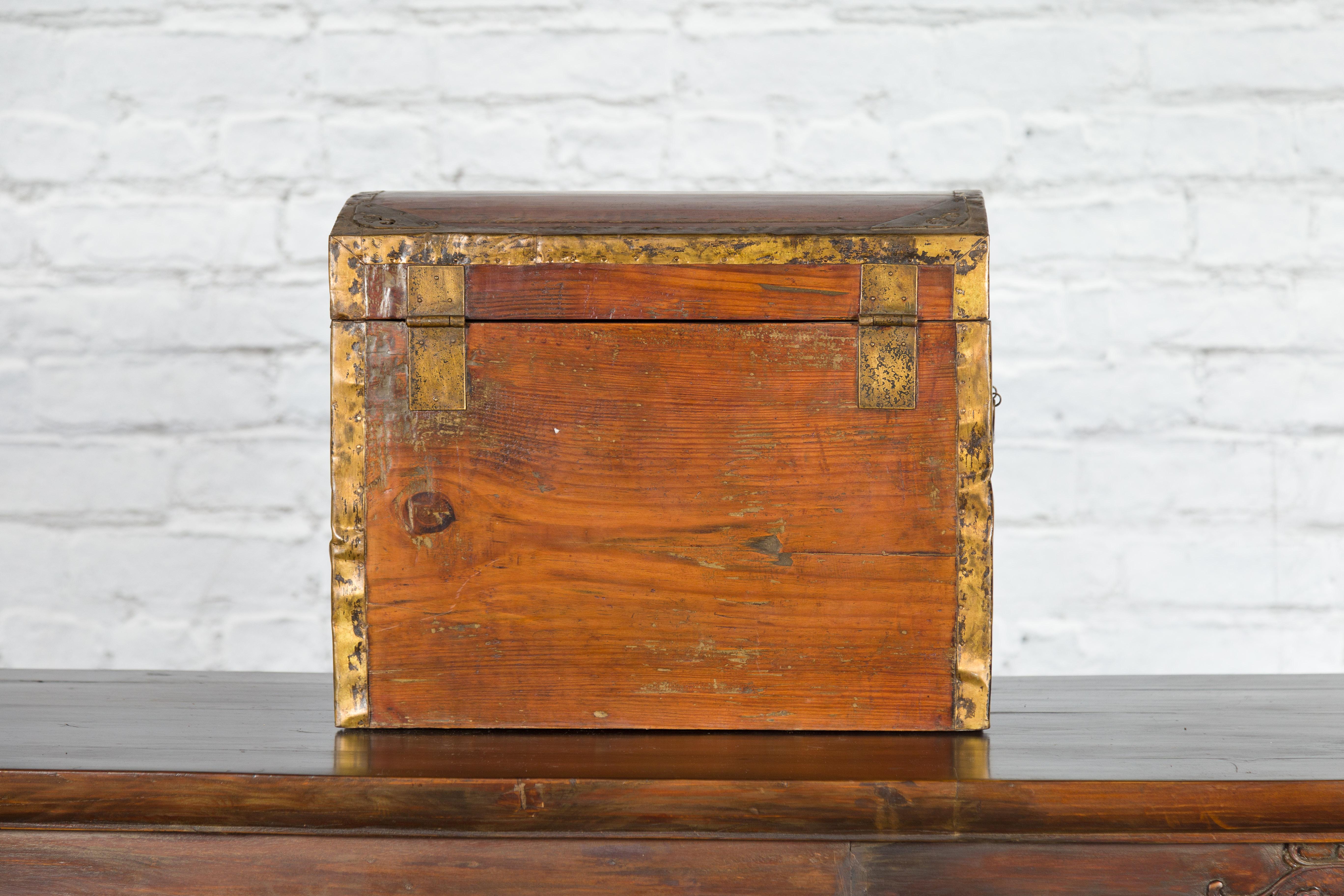 Small Chinese Early 20th Century Wooden Trunk with Domed Lid and Brass Accents 5