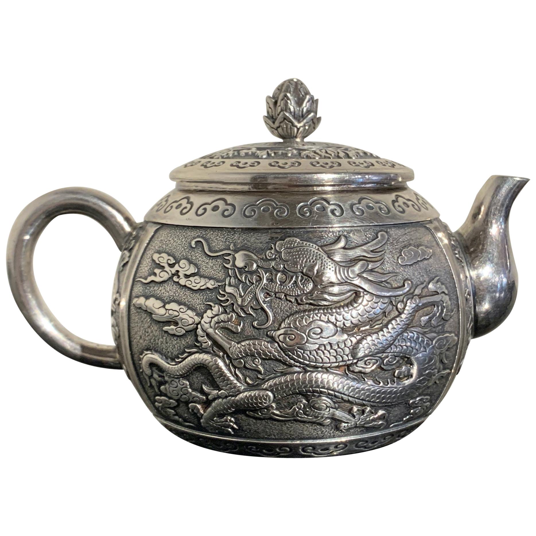 Small Chinese Export Silver Dragon Teapot by Wang Hing & Co, Late 19th Century