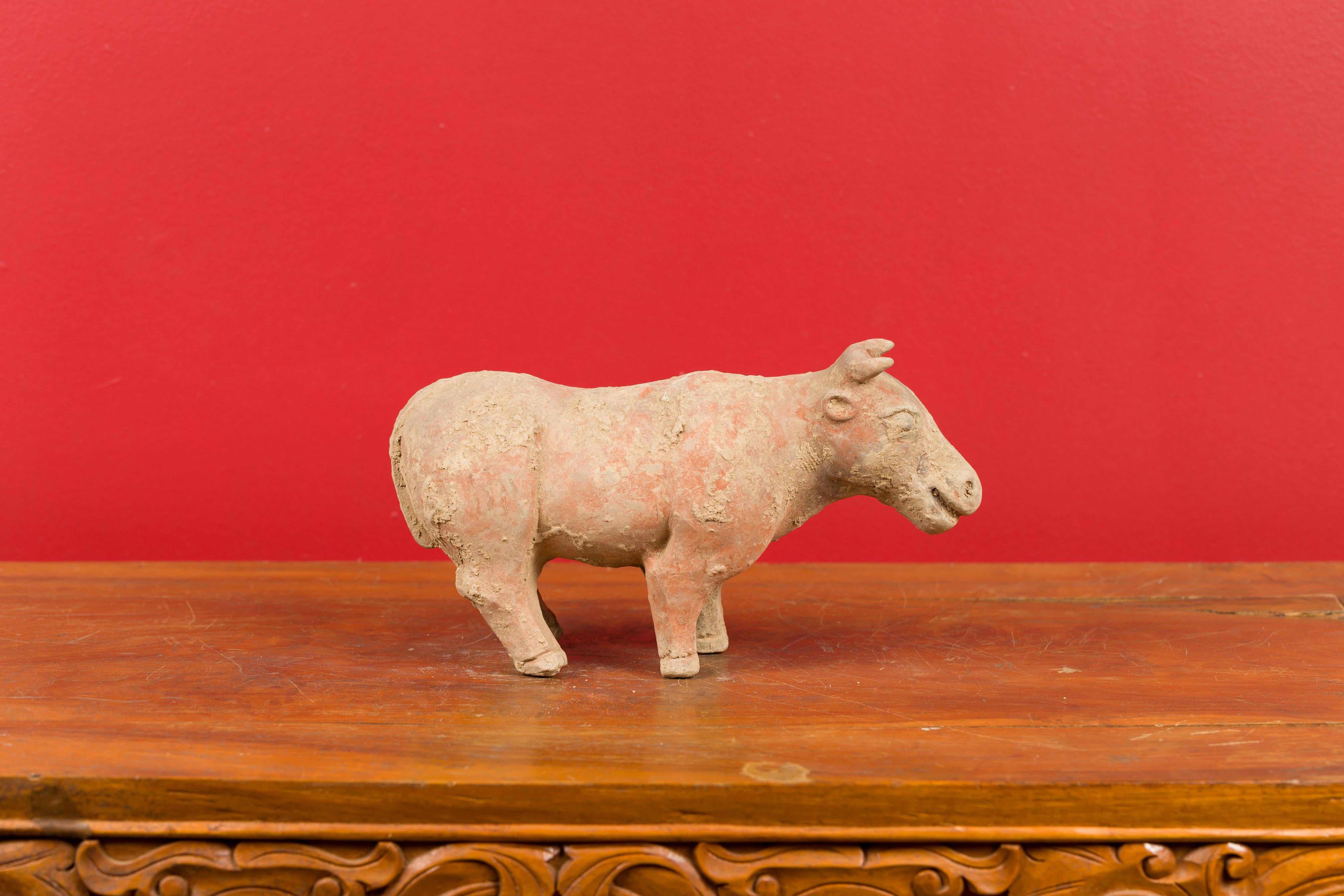 Small Chinese Han Dynasty Terracotta Bull Mingqi, circa 202 BC-200 AD In Good Condition In Yonkers, NY