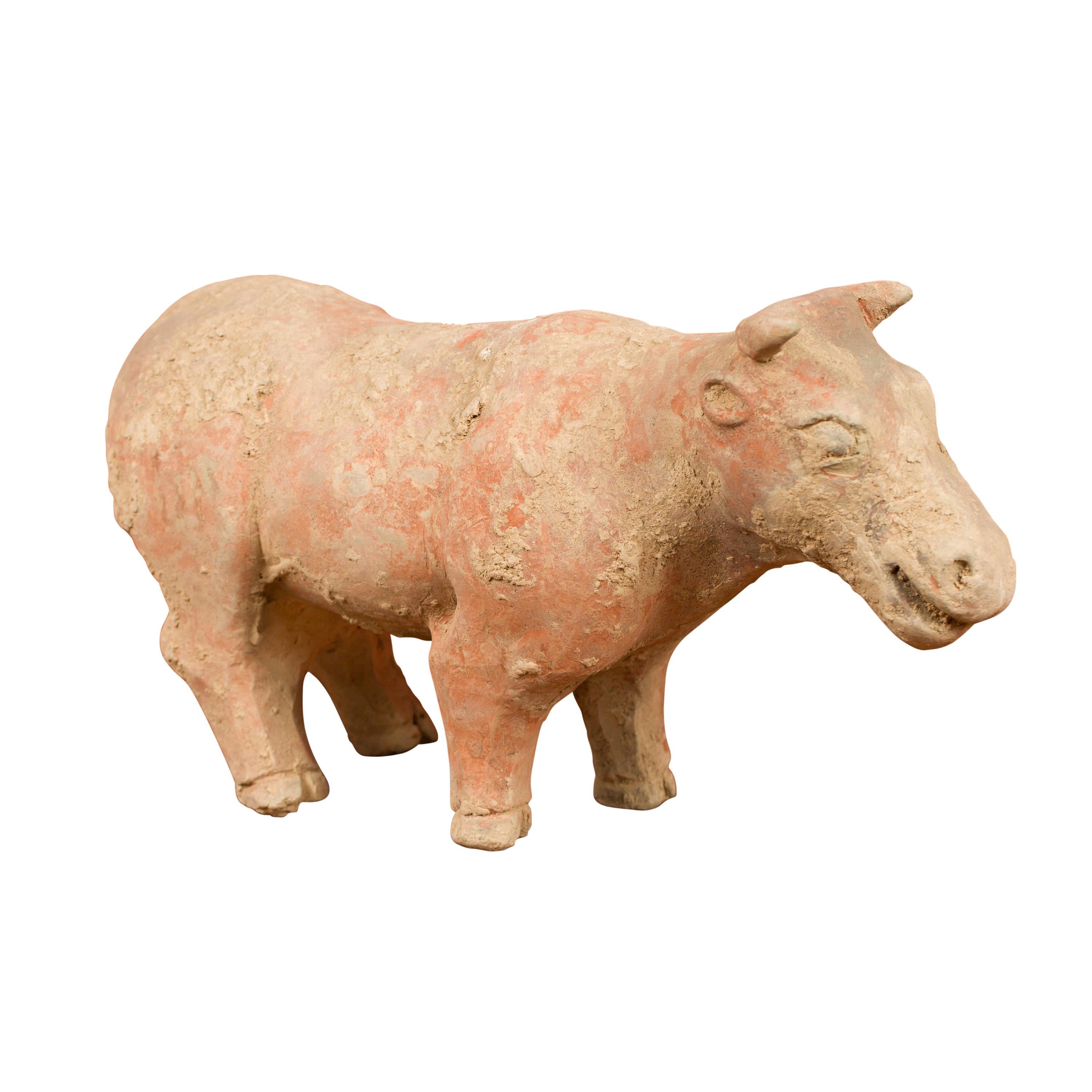 Small Chinese Han Dynasty Terracotta Bull Mingqi, circa 202 BC-200 AD