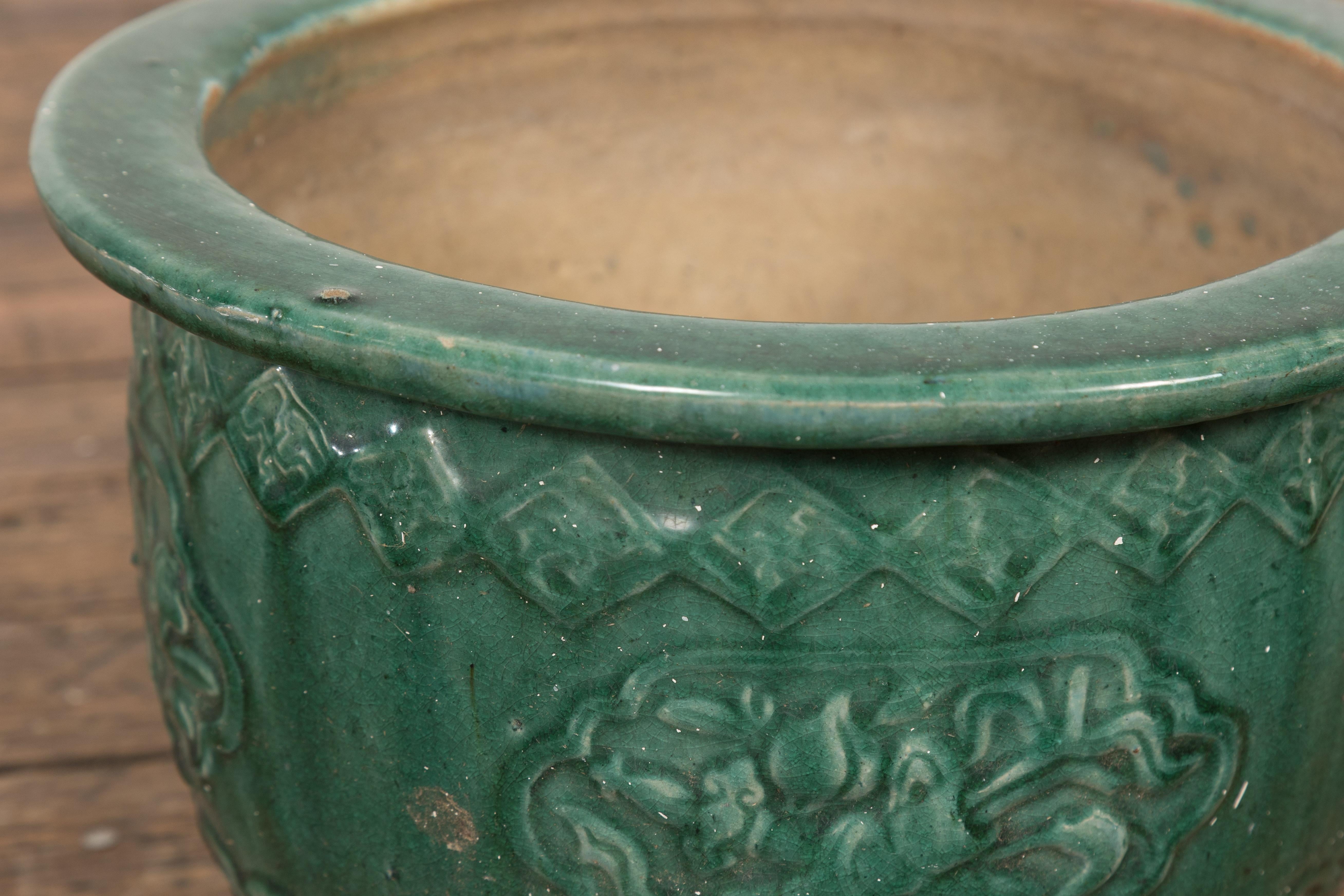 Small Chinese Qing Dynasty Hunan Style Green Glazed Planter with Cartouches 2