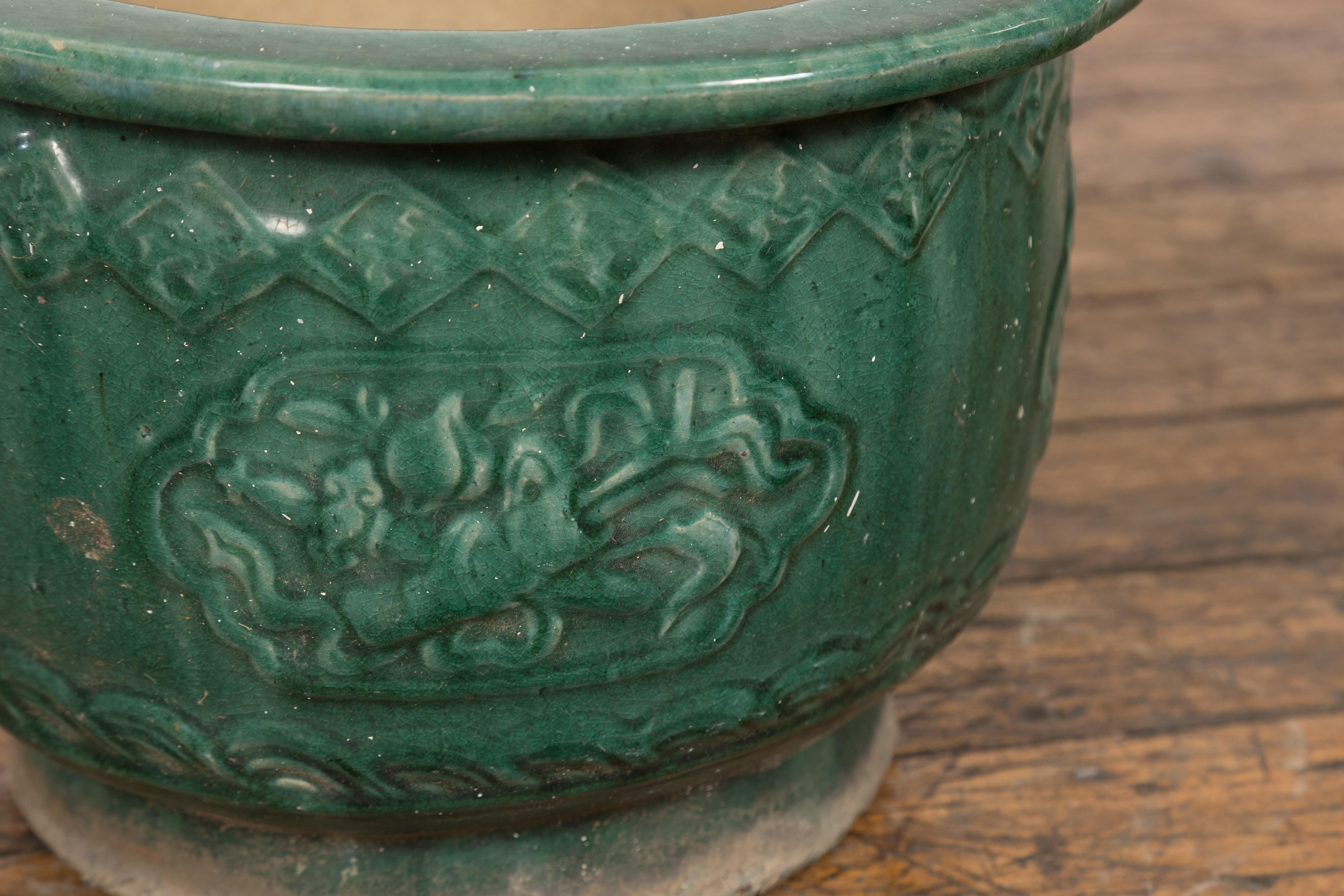 Small Chinese Qing Dynasty Hunan Style Green Glazed Planter with Cartouches 3